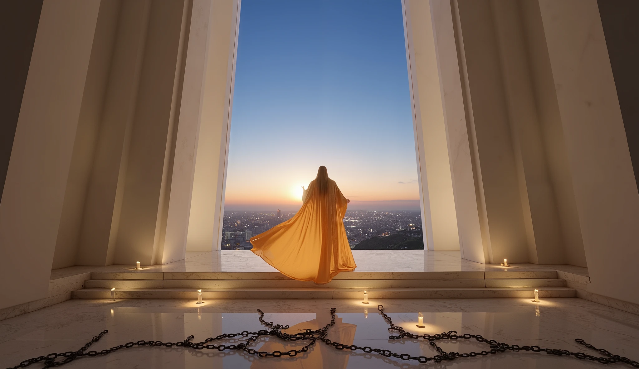 A lone figure stands at the top of a grand marble staircase, bathed in the golden light and blue sky of dawn. Before them, a massive futuristic gateway, framed by towering white pillars and translucent glass arches, opens to an endless horizon. breaking chains in his hands in the air, distroyed chains on the floor, candles in the floor, dissolving into radiant light, symbolizing the past fading away. The person, draped in warm-hued garments, holds a glowing parchment— their declaration of emancipation. The background reveals a futuristic city with shimmering, weightless structures that suggest limitless freedom and boundless possibilities. The scene is rendered in stunning 4K resolution, hyperrealistic textures, and cinematic lighting, capturing every detail with breathtaking depth and clarity.