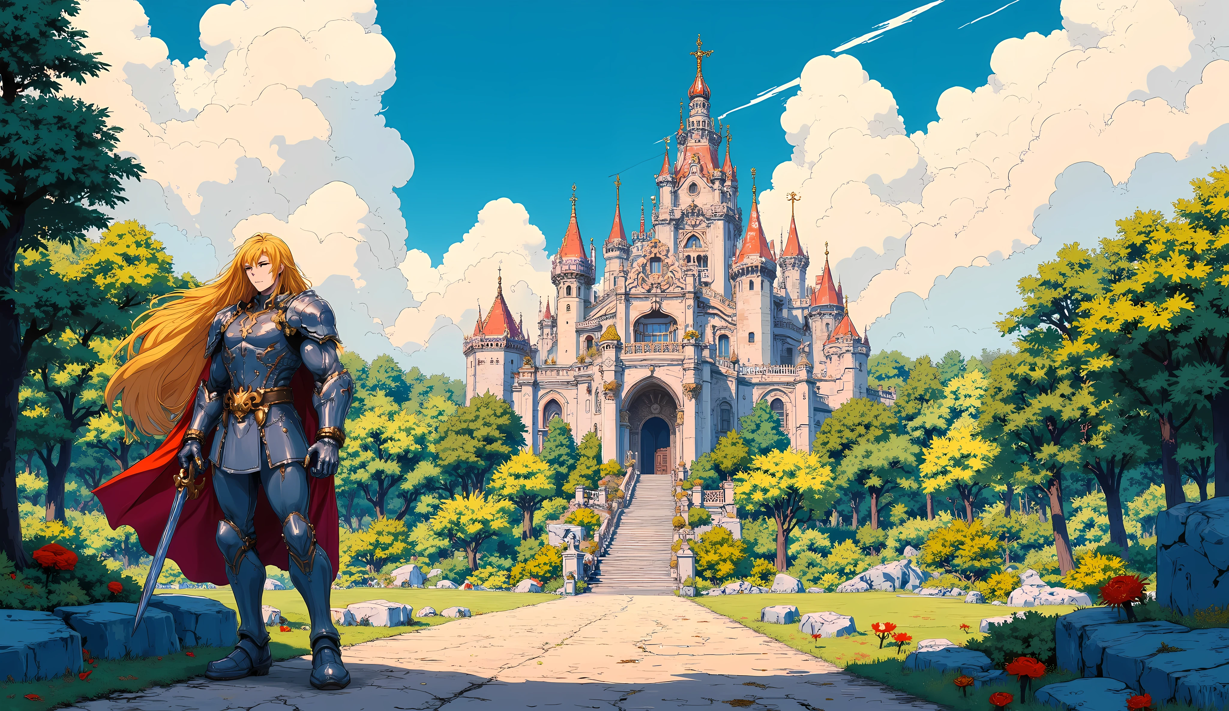 palace, knight, blond hair, retro anime