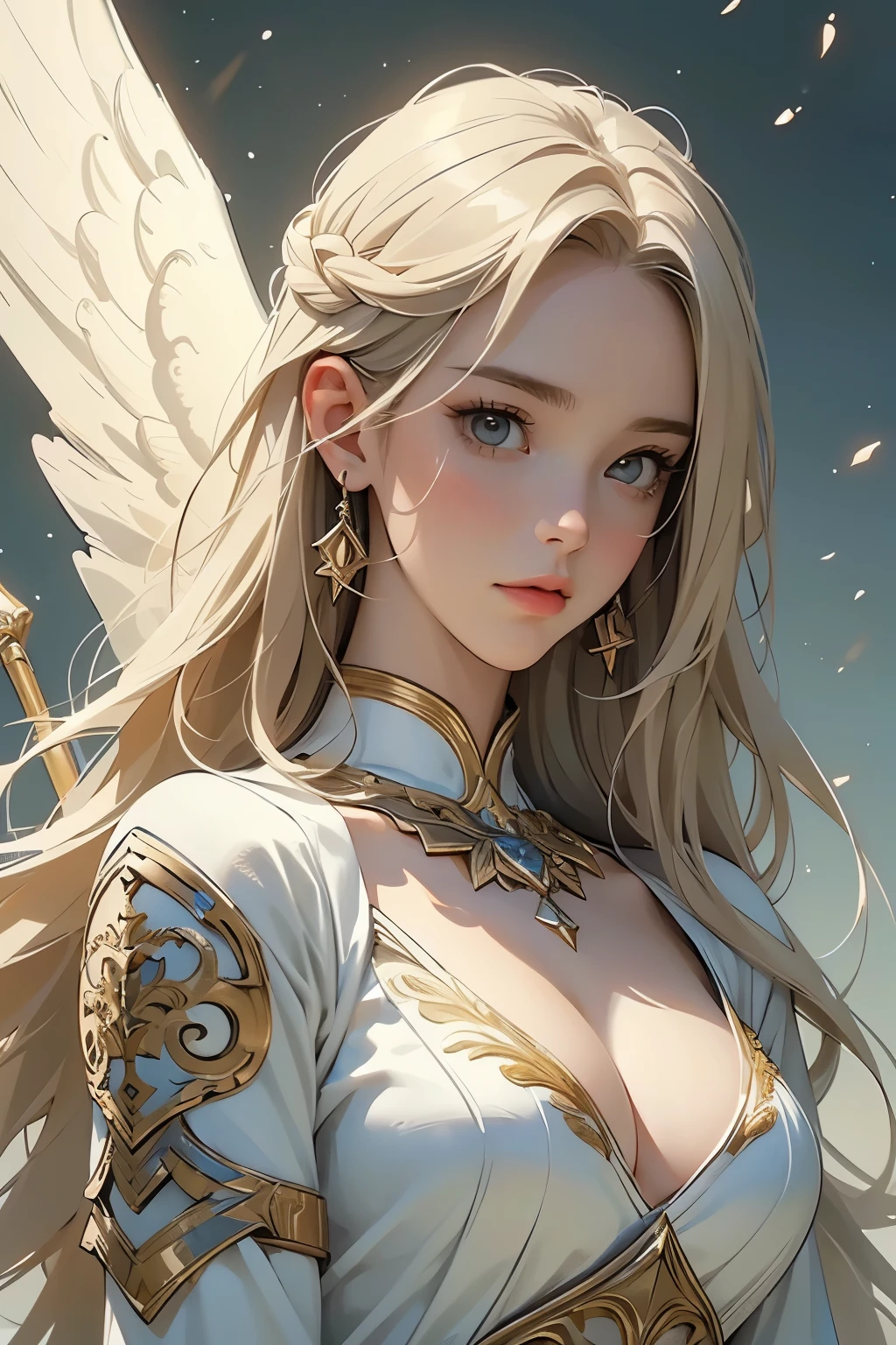 (A young female angel in armor :1.2)、( Valkyrie )、With a spear、 graphic novel style , portrait,(whole body)、 detailed face, detailed skin, beautiful hair、Klimt style 、Ink Art, Fibonacci, ( top quality、 high resolution、 Masterpiece)、8k、wallpaper、