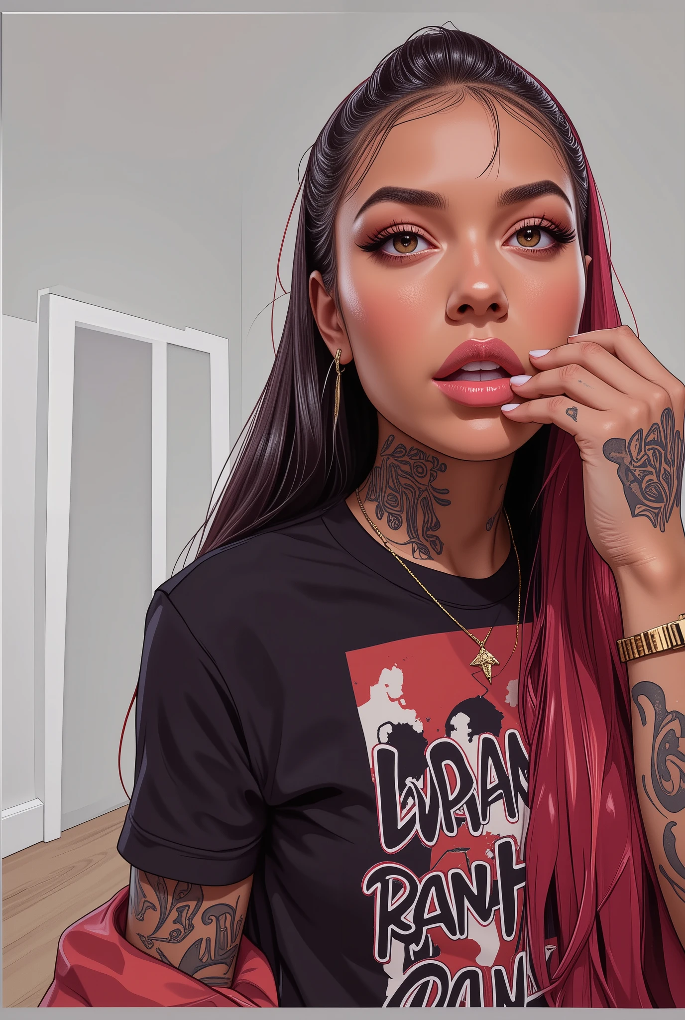 sexy rapper woman with cropped t-shirt, 2d, pencil color sketch, crisp edges, bold Vector art style outlines