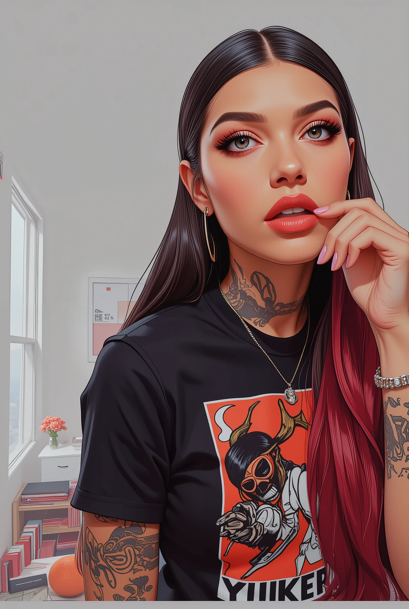 sexy rapper woman with cropped t-shirt, 2d, pencil color sketch, crisp edges, bold Vector art style outlines
