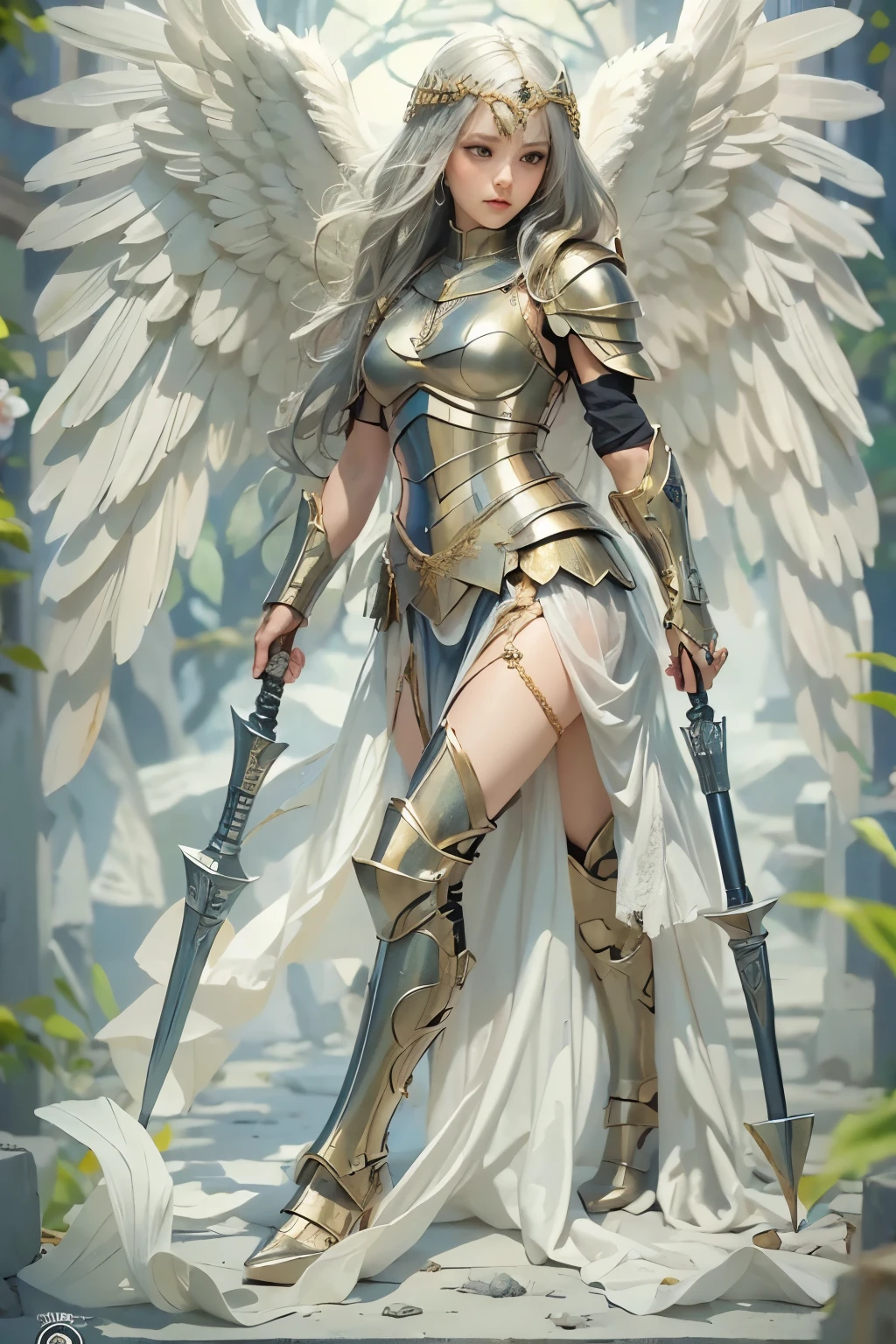 (A young female angel in armor :1.2)、( Valkyrie )、(With a spear)、 graphic novel style , portrait,(whole body)、 detailed face, detailed skin, beautiful hair、Klimt style 、Ink Art, Fibonacci, ( top quality、 high resolution、 Masterpiece)、8k、wallpaper、
