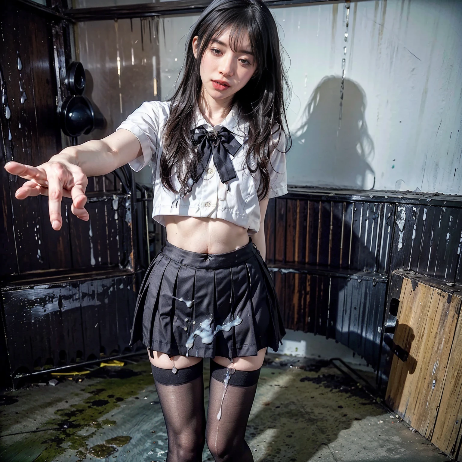 girl, 8 years old, 1 girl, woman, emo_hairstyle, Red lipstick, collar, Eyeliner, eyeshadow, smoky eyes, realistic lighting, school, shirt , tie, skirt, black stockings, long hair, flat chest, Shiny skin, grin, bukkake, peeing self, pissing stream between legs, tights, rectangular frame glasses, bright red lipstick, wet clothes, allure, lustful sight, standing in the bus