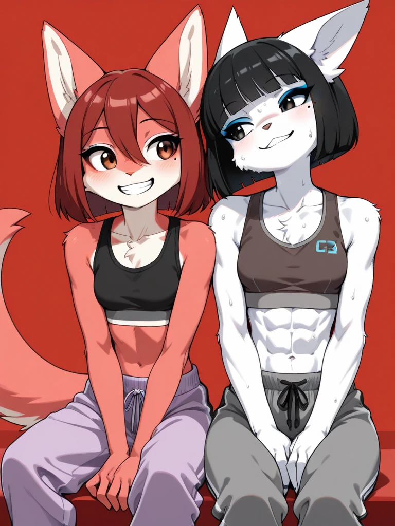 masterpiece, top quality, best quality, highly detailed, 8k, super high resolution, absurdres, perfect anatomy, dynamic_angle, (highly detailed beautiful face and eyes), solo focus, purple eyes, dark purple hair, ((short hairstyle)), (furry female anthro), (adult), (full body), (((furry white wolf body))), (wolf snout, detailed dark body fur), ((red sports bra, green bandeau, red spandex shorts)), small breasts, (toned abs), hip tuft, leg tuft, ((gloomy facial expression)), barefoot, (looking at viewer), ((leaning against wall, side against wall, standing against wall)), warehouse, industrial background, factory, crates, graffiti, pipes, yellow fluorescent lights, night, 1 female, solo