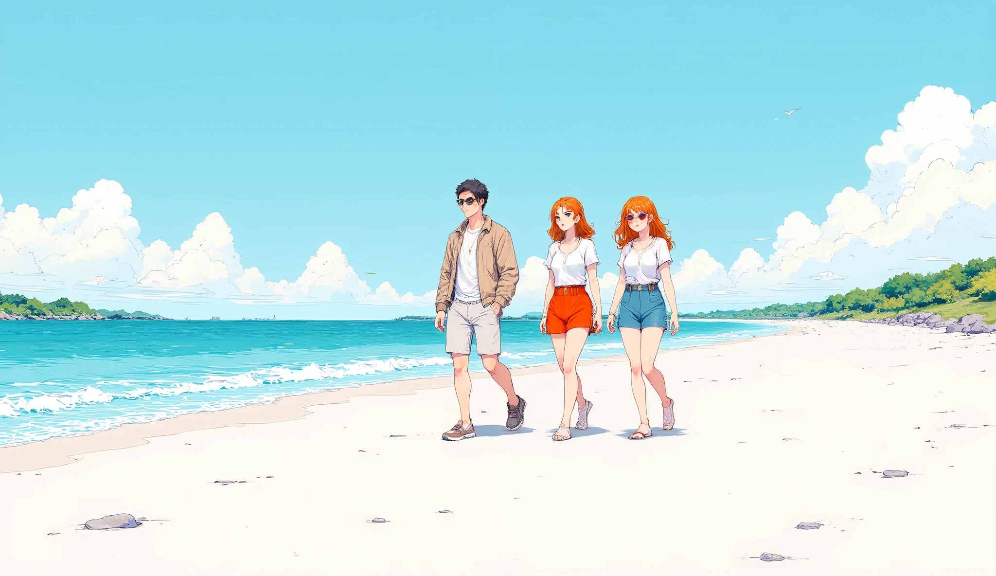 3 young people walking on the beach, with sunglasses