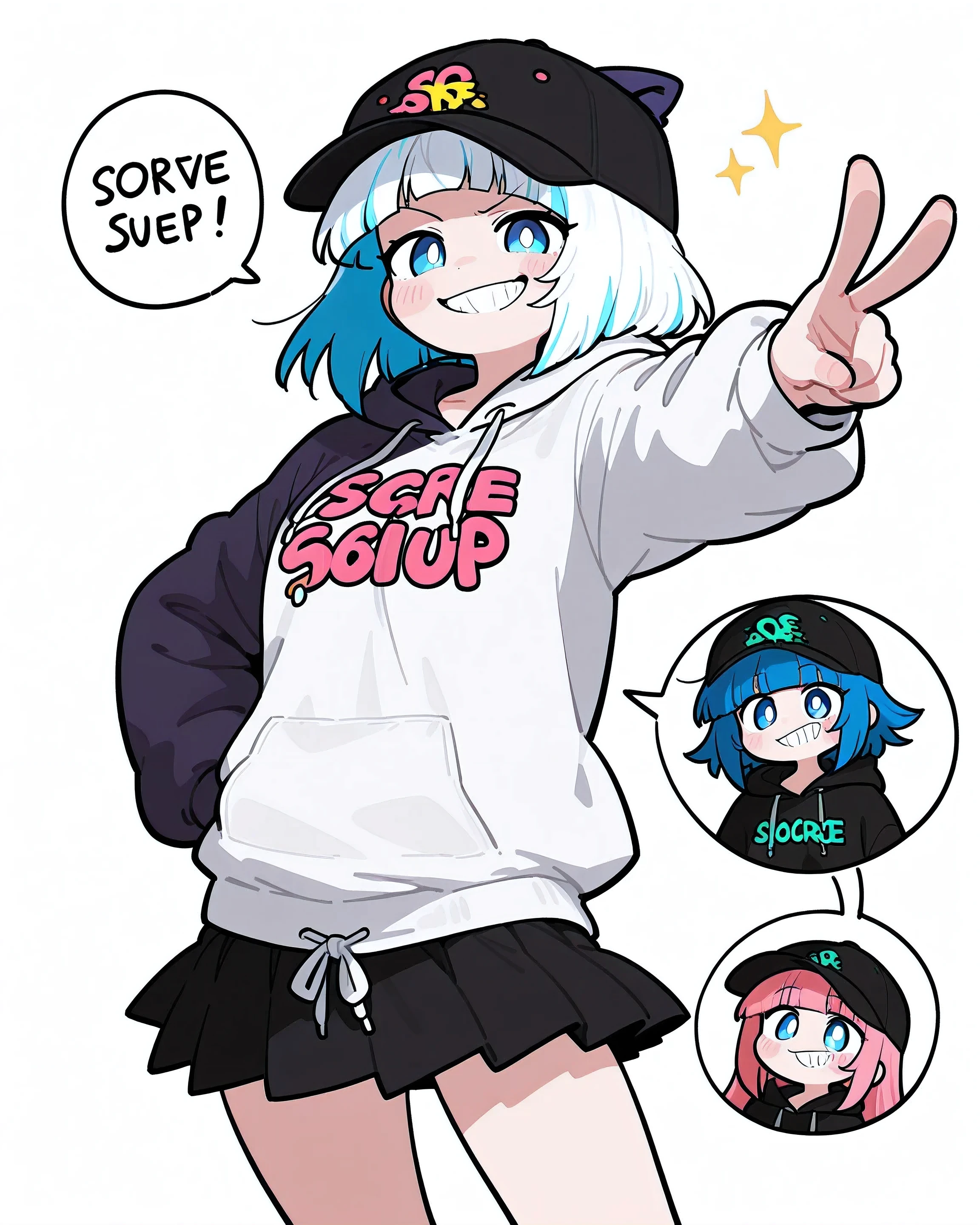  Masterpiece,  top quality,   GREAT QUALITY,  latest, 2 girls fighting back、White Hair Girl、 girl with blue hair、 bob hair、Wearing a black hat 、 wearing a colorful hoodie、 watching viewers、 freezes 、 WHITE BACKGROUND 、 grin 、 blue eyes 、Draw the whole body、 character design style、 bob hair、 skirt
