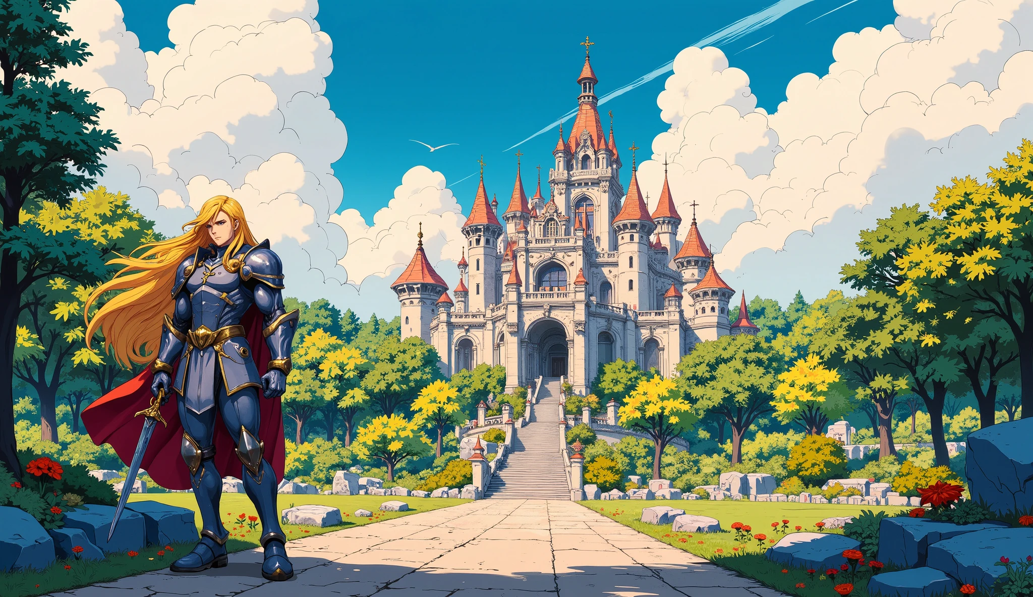 palace, knight, blond hair, retro anime