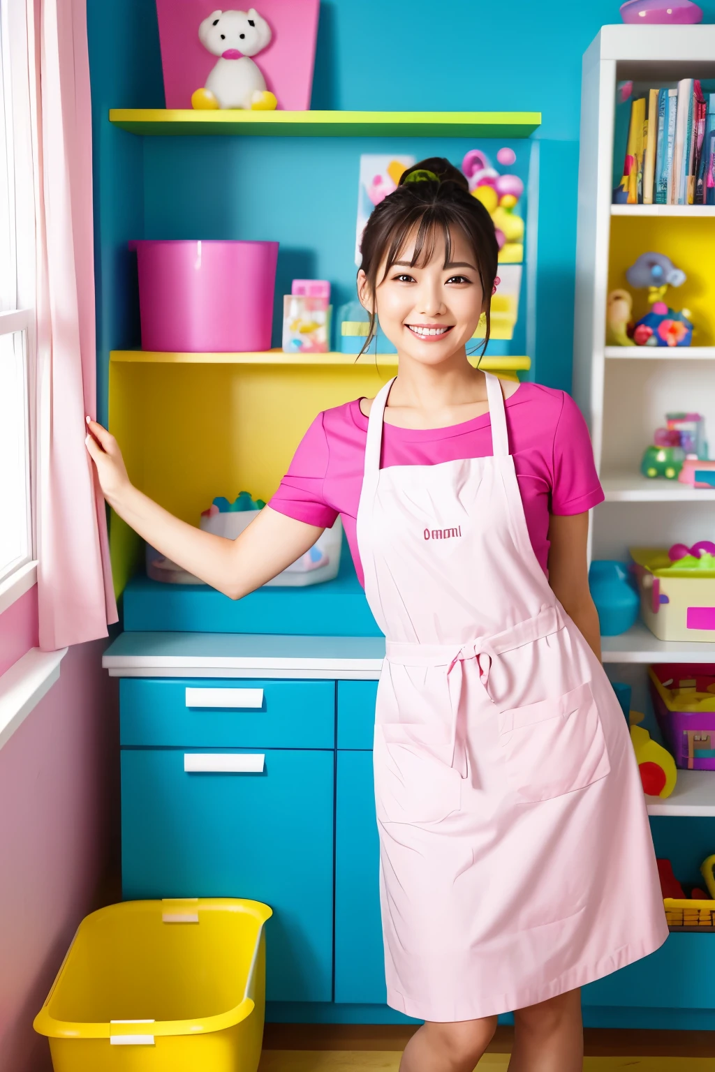 (nsfw)、Mature Woman、close range、Beautiful woman、cute、((Female Nursery Teacher))、smile、Extra Very Short Hair、((Delicate photo)),(Detailed RAW photos of girls), (Tabletop:1.0), (Highest quality:1.6), (Ultra-high resolution:1.5), (Realistic:1.75), 8K resolution, Absurd, Ultra-detailed,Cinema Lighting,、nursery school、((Wearing an apron))、(blunt bangs)、Long sleeve T-shirt、((Colorful kids room:1.1))、((Lots of toys:1.))、((cute壁紙の部屋))、((Simple panties are visible:1.2))