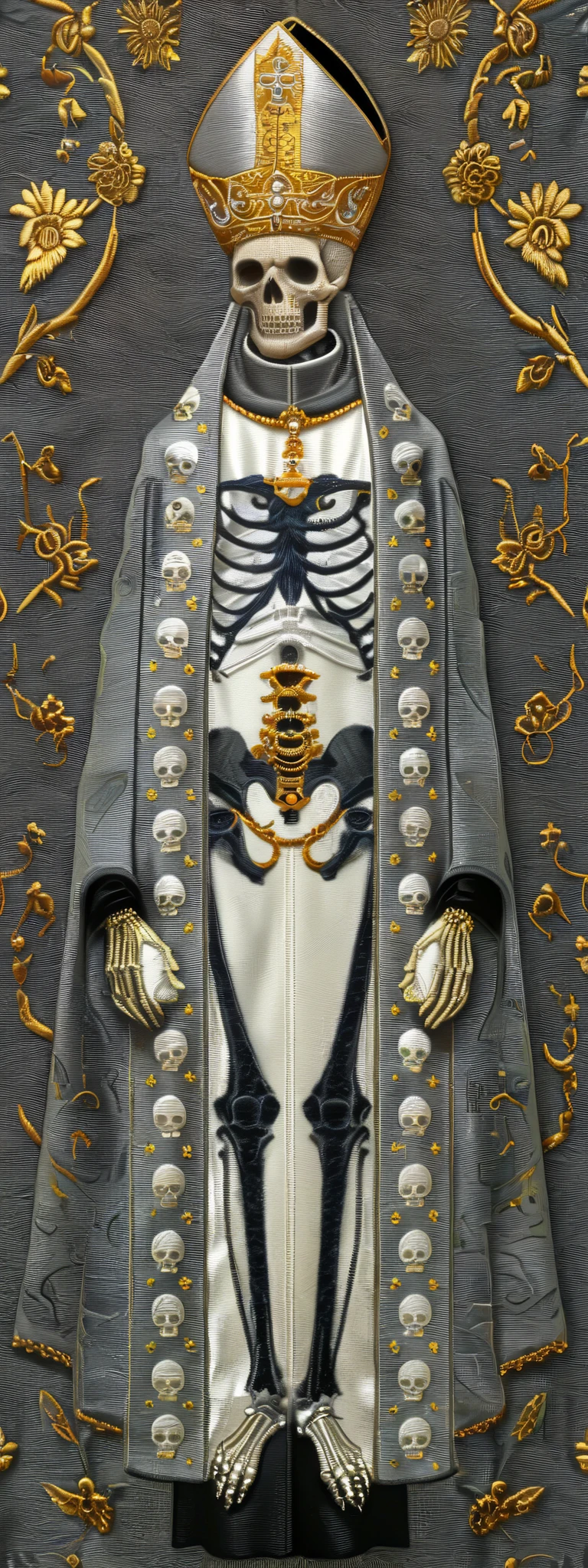 skeleton with religious clothing ( priest). Clothing with detailed and defined embroidered motifs ( fabric complex pattern ). Band with small embroidered skulls (catholicism punk ) ( ultra Detailed ) (8K)