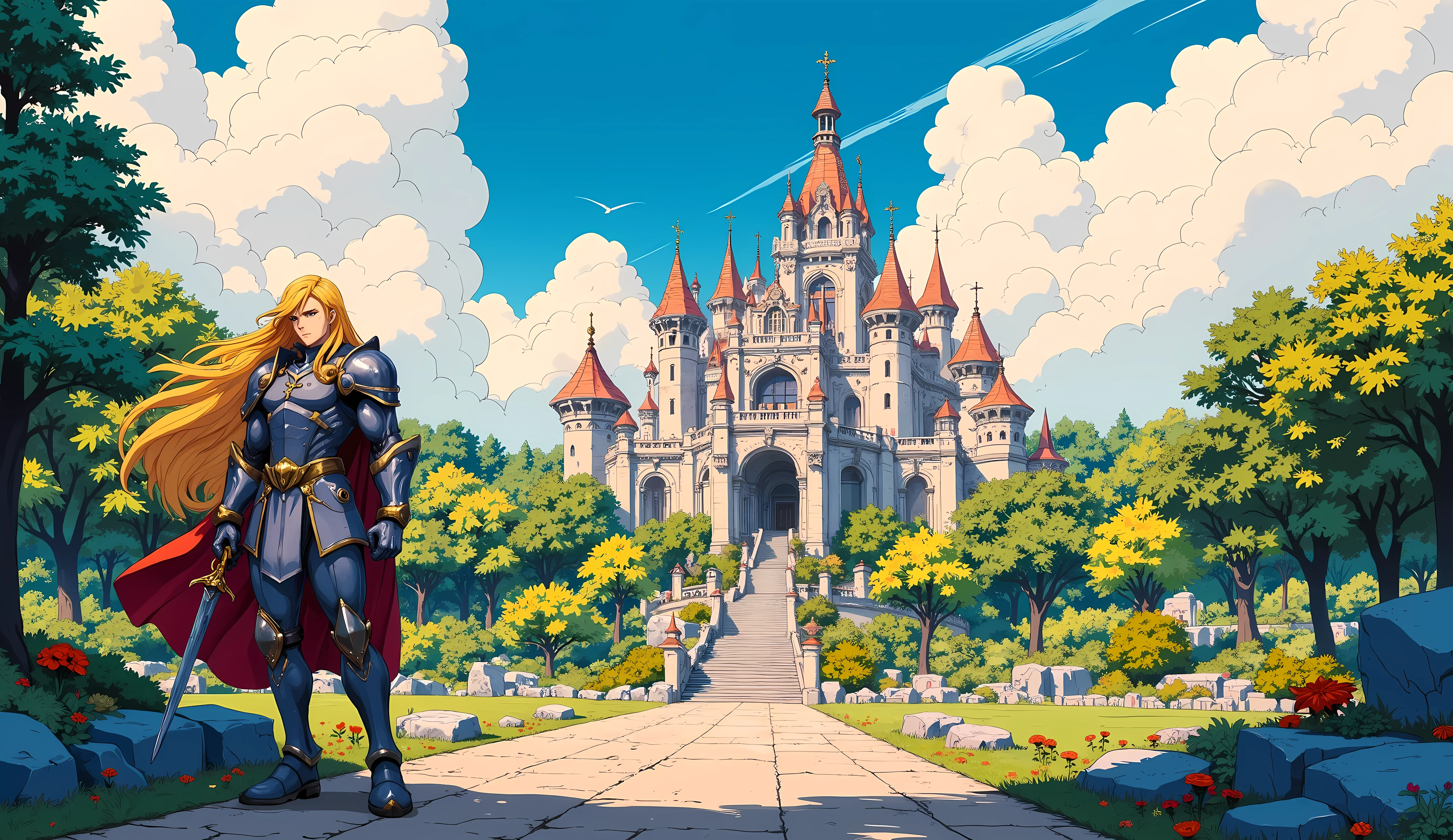 palace, knight, blond hair, retro anime