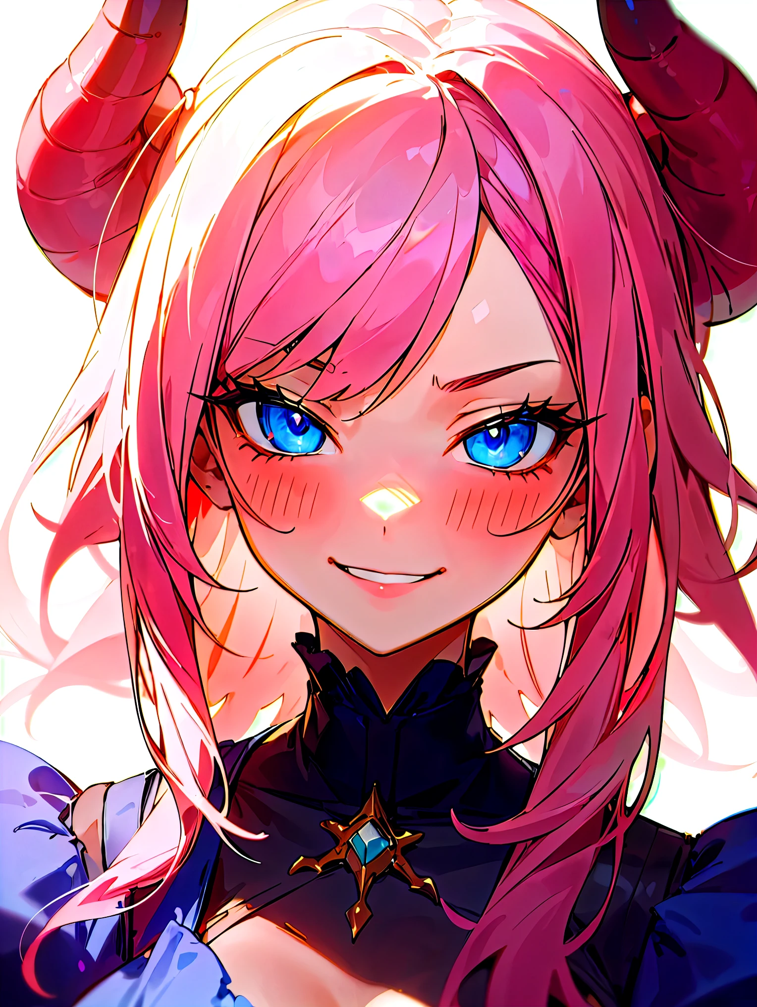1female, masterpiece, portrait, devilish smirk, blushing, pink hair, blue eyes, candy outfit,