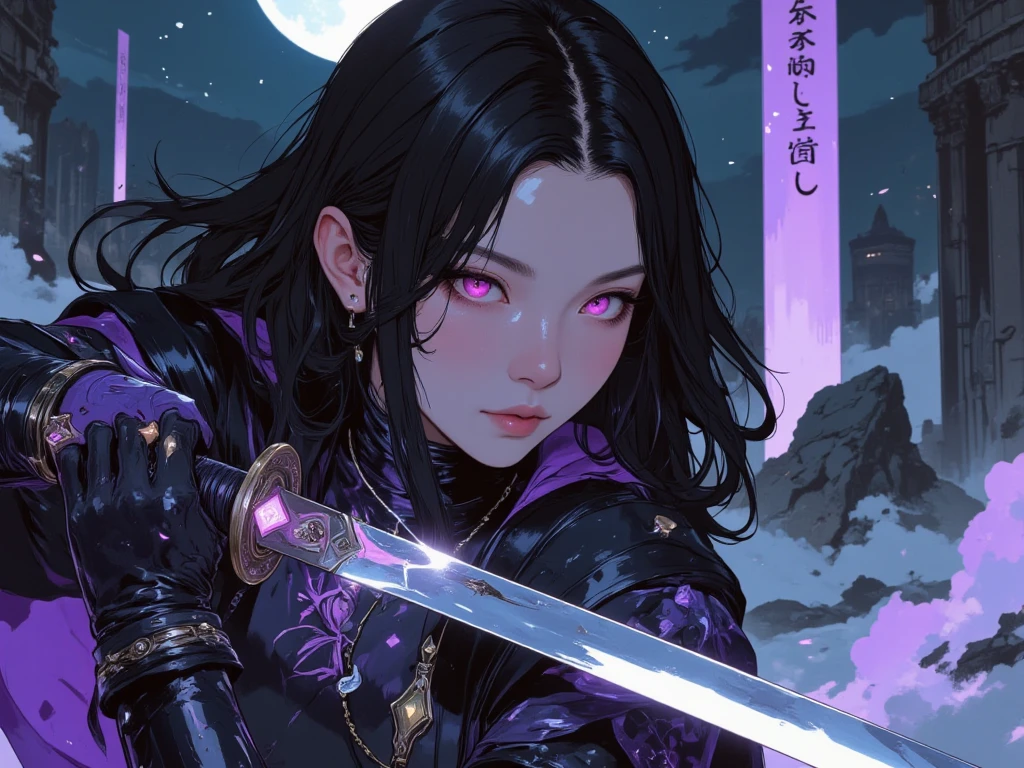 

**Character**  
 A fantasy antagonist in the Xianxia ,  with an enigmatic and intimidating presence .  Her face has an innocent beauty ,  almost angelic ,  but it hides a deep evil behind the apparent sweetness .  Her eyes have diamond-shaped irises ,  of a pinkish and shimmering hue ,  reflecting a mysterious and powerful essence .  Her black hair flows smoothly ,  with diagonal cuts that frame the face ,  adorned with delicate ribbons that help to partially secure it .  Its physical size is slender and balanced ,  style maintaining common proportions for her height .  

**action**  
She's in a fighting position,  holding her katana with elegance and precision .  Her gaze is fixed on the opponent ,  transmitting a subtle threat ,  but undeniable .  The environment around him seems to respond to his presence ,  exuding a cold and intimidating aura .  His body is tilted slightly forward ,  showing readiness for an agile and lethal attack .  

**arm**  
A uniquely designed katana ,  who preserves the traditional form ,  but with a elegant and organic aesthetic .  The blade shines subtly under the light ,  its refinement and lethality .  The grip is detailed with fine ornaments ,  maintaining a perfect balance between functionality and sophistication .  

**Outfit**  
 She wears traditional costumes adapted for combat ,  allowing mobility without compromising the imposing presence .  The predominant colors are black deep lilac ,  evoking an air of mystery and danger .  Your costume includes gloves and boots made of a resistant material ,  protecting without affecting your agility . As accessories ,  she wears ornaments and crystals ,  that serve both as adornments and as symbols of your connection to hidden forces .  

**Environment**  
. The scene takes place in a location that reinforces your dark presence—perhaps a battlefield under the cold moonlight,  or a ruined ancient temple ,  where the wind blows between broken columns 