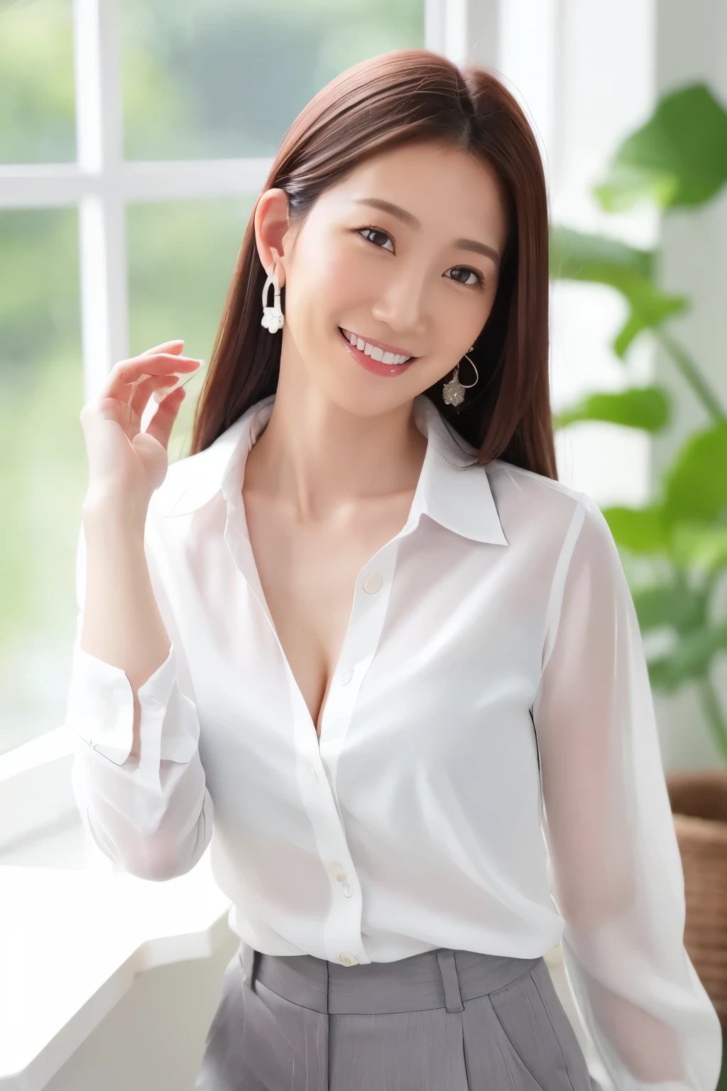 (Highest quality、Tabletop、8k、Best image quality、Award-winning works)、1 Beauty, Perfect beautiful face, (An ennui look:1.1), (Highly detailed beautiful face), Bright and shiny lips, look at me、(Face close-up:1.3)、(White polyester open see-through blouse:1.3)、(Small cleavage:1.1)、 Accentuate your body lines、Big Breasts、Cinema Lighting、(Standing in a stylish and beautiful modern office corridor:1.2)、(Strongly blurred background:1.2)、(Romantic lighting for epic films:1.1), (Tyndall effect:1.2), (The most moody and romantic:1.1), (Accurate anatomy:1.1)、Exposing the forehead