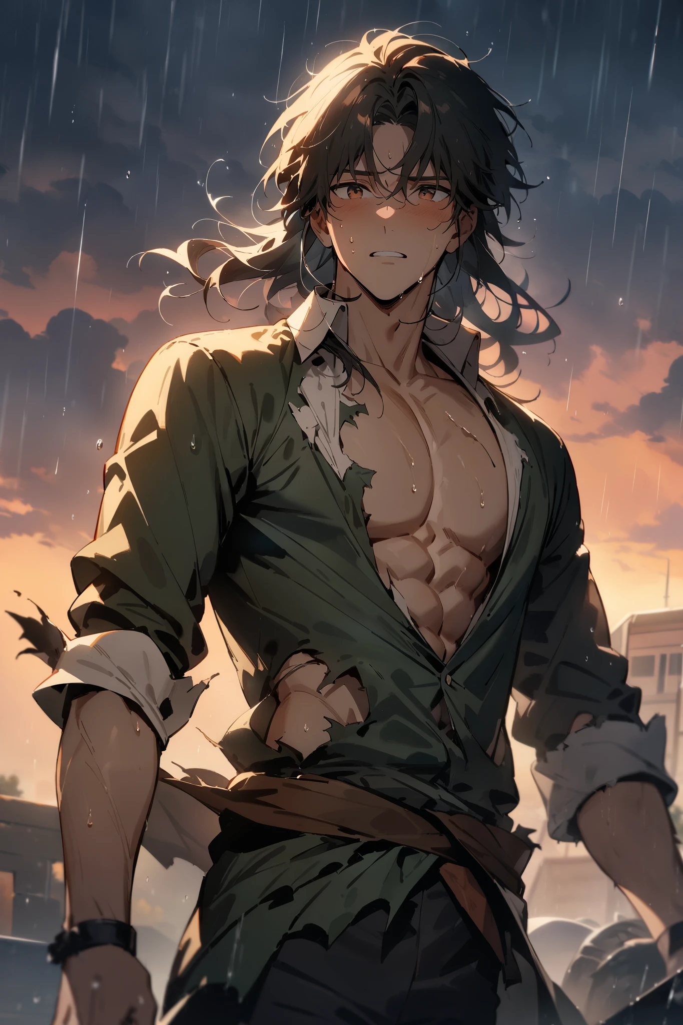 one boy, male focus, Four Courts Sunset, boy solo , sunburned skin , rocket chopping moon ( cleavage ), torn clothes, Outdoors, rain, Chest , ( Masterpiece), ( top quality), ( Super Detail ), is very aesthetic, illustration , tousled hair, perfect composition as Il, Moist Skin, exquisite details,