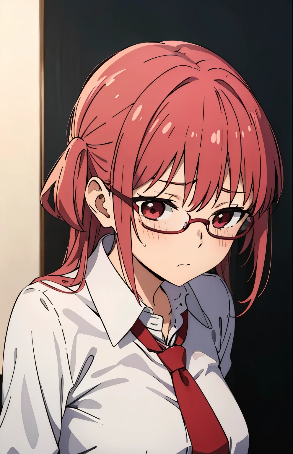 Anime girl wearing red glasses, white shirt, red shirt, shy looking down, blushing, office shirt , red tie