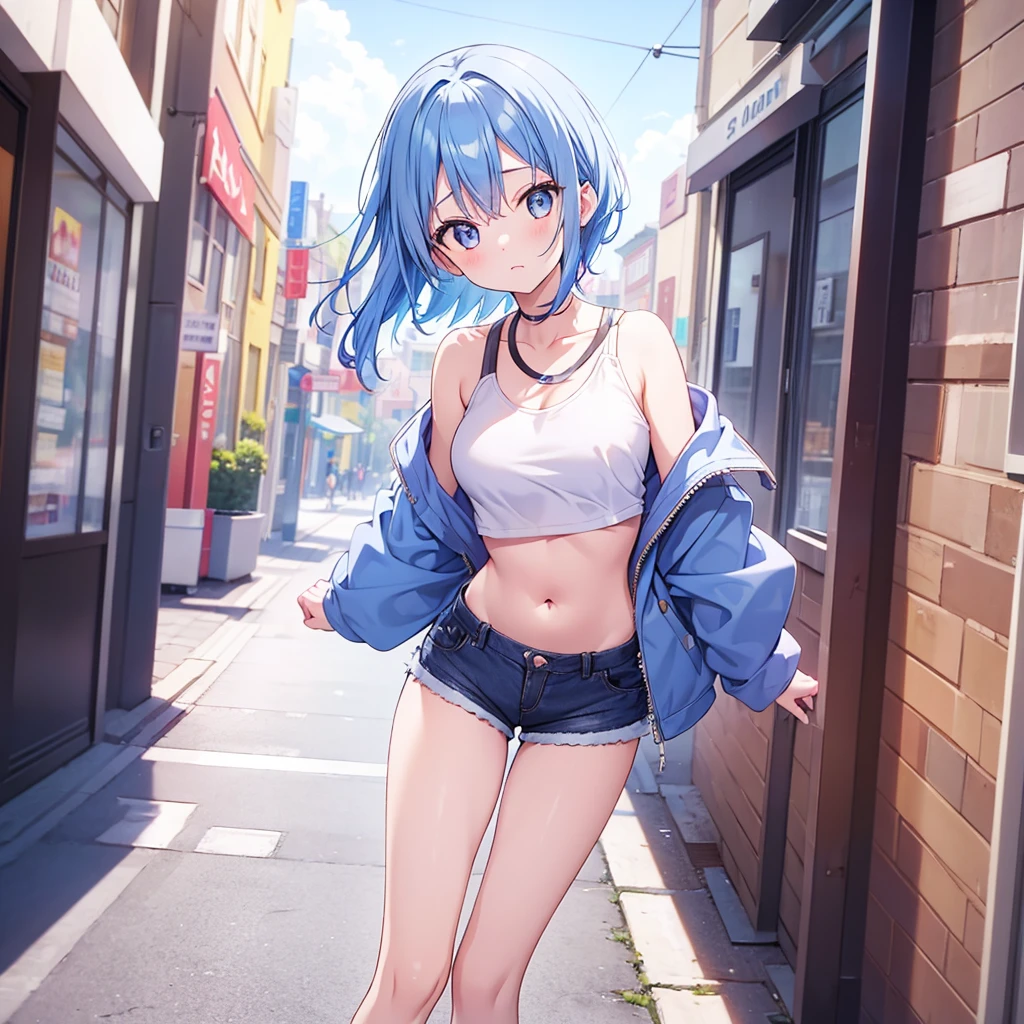 masterpiece, highest quality, 1 person,( Large Breasts,Blue hoodie, Are standing, View Audience,Dolphin Shorts,),Detailed Background、A person who writes in detail、Accurate human body、Knowledgeable person、Five correct answers、Mature Woman,Thighsが太い,cruvy body,Melusine, (Brown eyes:1.5), Long Hair, ((Gray Hair)), Side Lock,Long sleeve、Knee socks、Thighs、白いKnee socks、,((Pussy juice)),((Slave Collar))