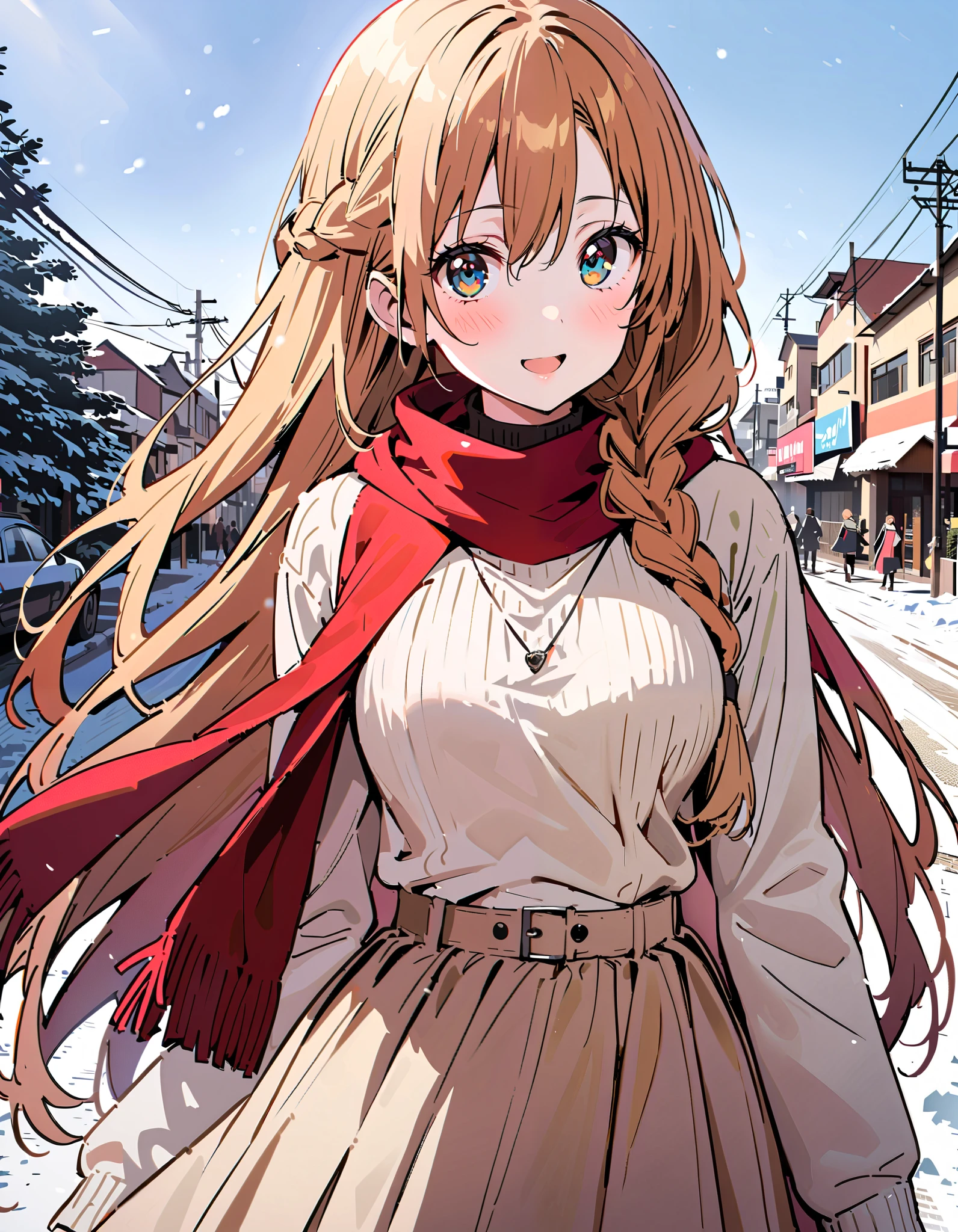 Asuna Yuki ,  long hair, bangs,Alone,  braided, Hair,  brown eyes,single  braided,Medium breast,smile,blush, open their mouths, red scarf,White Down Coat , ( sweater :1.2),( turtleneck:1.2), long skirt ,  boots, standing,snow,whole bodyがイラストに入るように, break looking at viewer,whole body, break outdoors, Around town, break ( Masterpiece:1.2), top quality , kampala,unity 8k wallpaper,(shape:0.8),(  fine, beautiful eyes  :1.6),It's a person ,whole body写真,CG Details , ( perfect hand, complete anatomy),