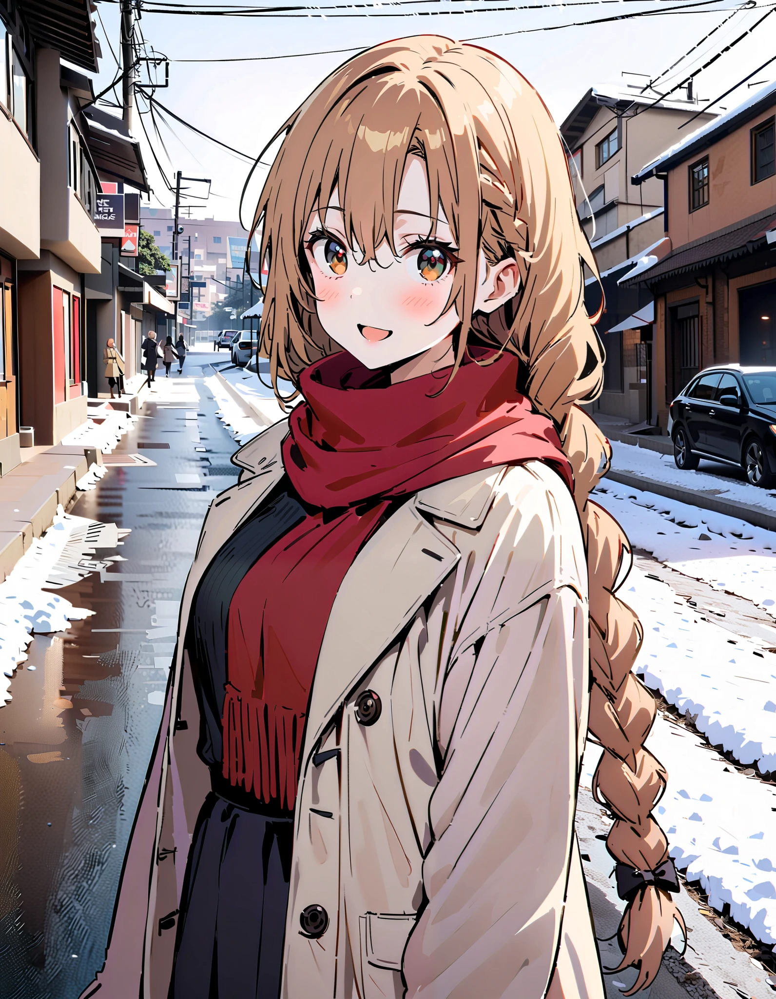 Asuna Yuki , bangs,Alone, Long braids, Hair, brown eyes, single braid,Medium breast,smile,blush, open their mouths, red scarf,White Down Coat , ( sweater :1.2),( turtleneck:1.2), long skirt , boots, standing,snow,whole bodyがイラストに入るように, break looking at viewer,whole body, break outdoors, Around town, break ( Masterpiece:1.2), top quality , kampala,unity 8k wallpaper,(shape:0.8),( fine, beautiful eyes :1.6),It's a person ,whole body写真,CG Details , ( perfect hand, complete anatomy),
