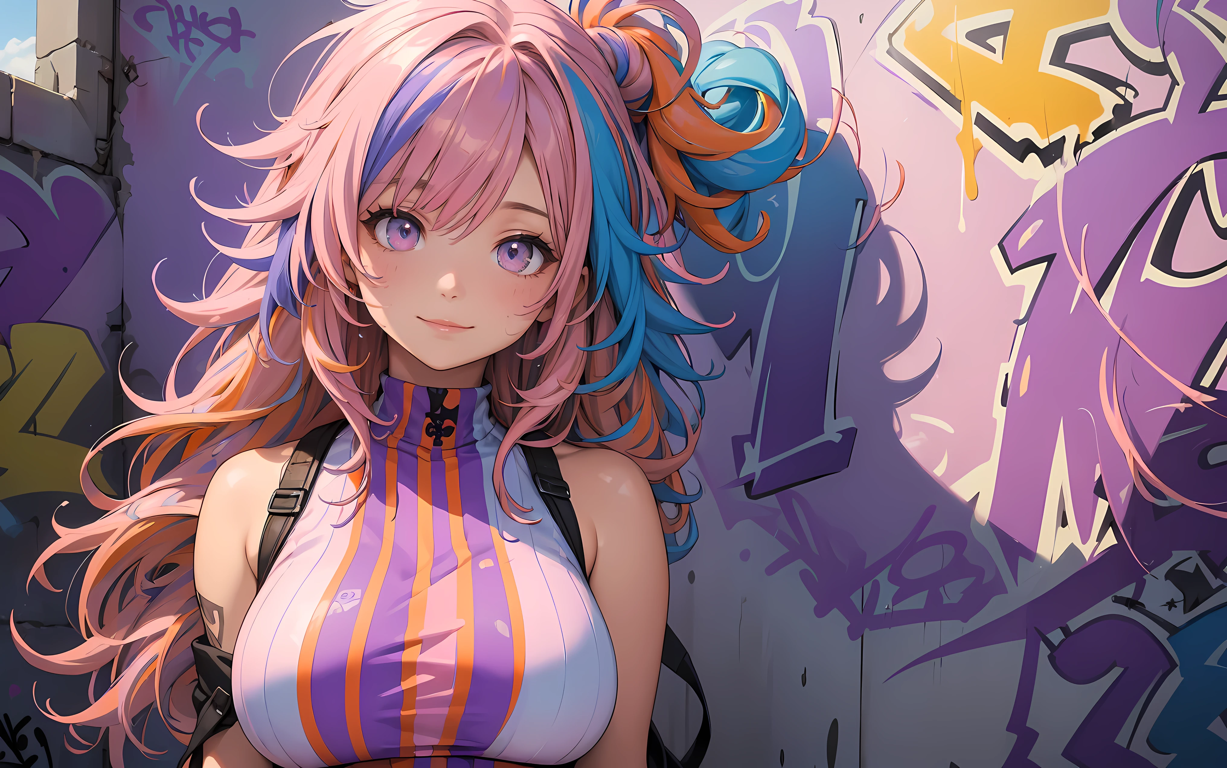 (best quality), masterpiece, extremely detailed CG uniform 8K illustration, high color, extremely high color saturation, all colors deepened, paint, graffiti art, side composition, extremely detailed light and shadow, graffiti wall, wall painted bright, (1 girl:1.5), (1girl:1.5), graffiti, extremely detailed face and eyes, long wavy messy hair, (messy hairstyle:1.5), long wavy messy hair,, (pink and purple and blue and orange hair:1.5), tight white sleeveless shirt, colored clouds , (extremely large breasts:1.3) , smiling, smile,