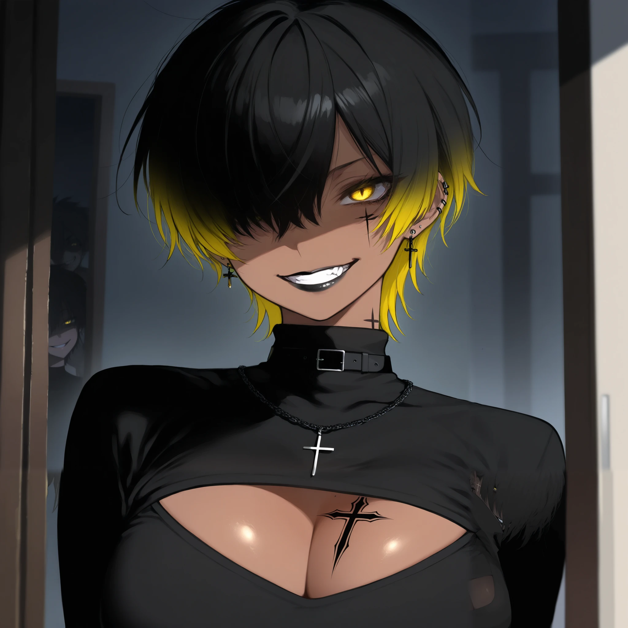 1girl, black short hair with a dark yellow gradient on the tips, tomboy, 1 girl, large breasts, black choker, yellow eyes, black necklace, tattoo on face, cross tattoo, cross tattoo on face, earring, cleavage cutout, turtleneck, black lips, tanned, evil grin, shaded face, doorframe, outside, hair covering one eye night