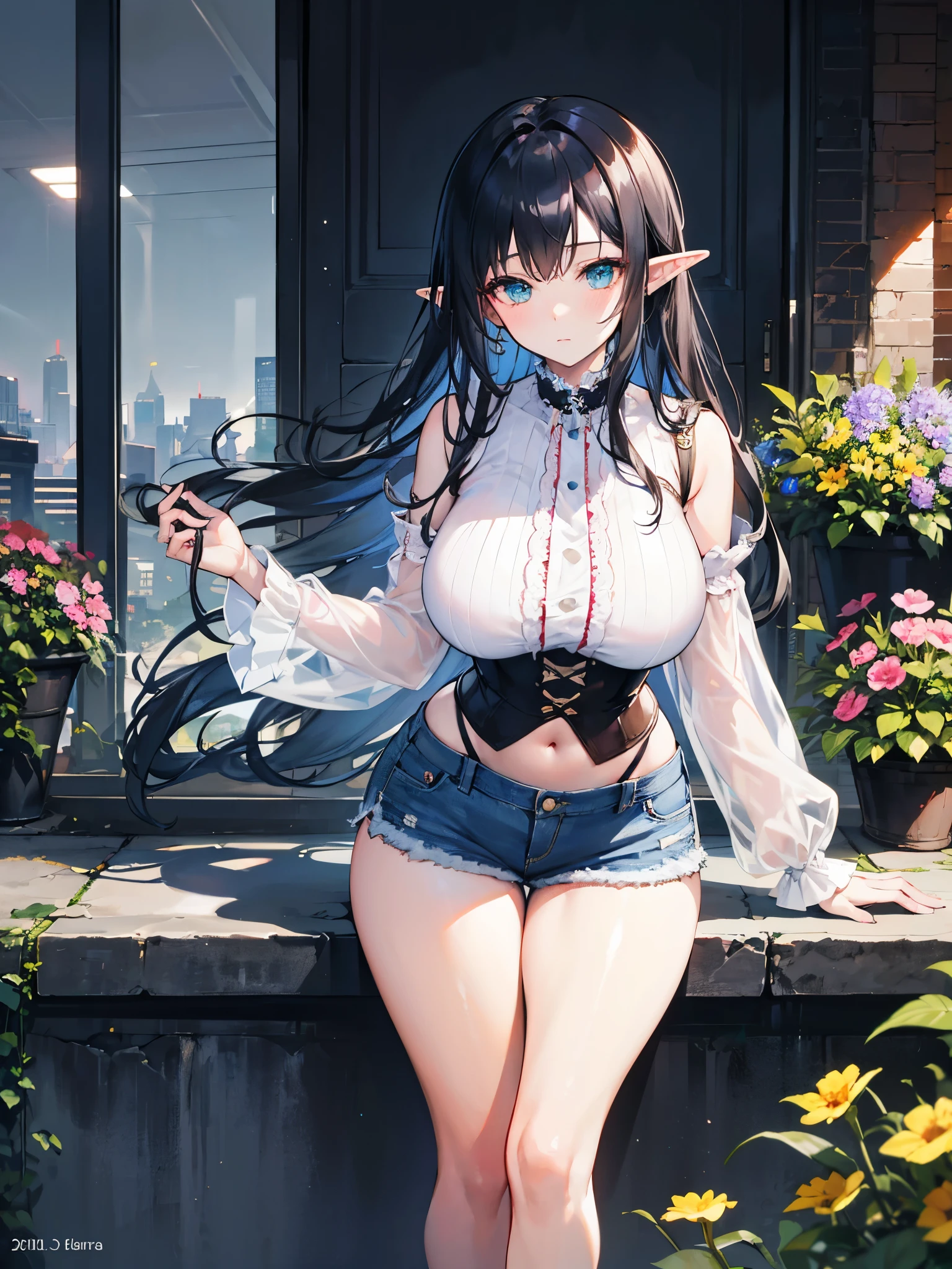 Realistic and detailed image of an elf dressed in a sweater without cleavage. She has long wavy black hair. Turquoise eyes. She has earrings, long eyelashes. She has large breasts, slim waist, wide hips and thick thighs. She is with legs raised, legs open, crying, smiling, face of pleasure. Vagina view, anus view, arched back. There is a garden with flower petals falling around her.