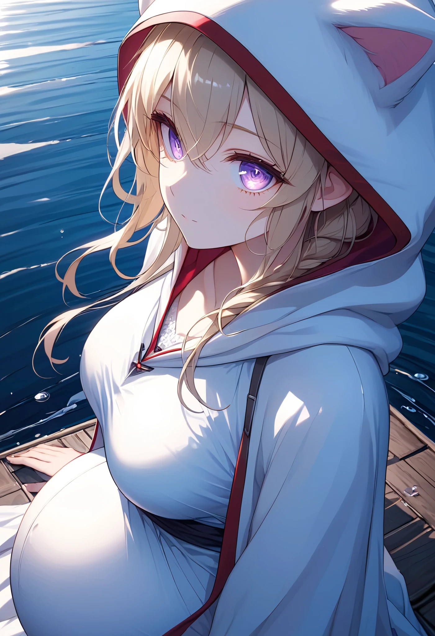 High Resolution, High Quality, High Detail, frozen dock, night, 1girl, blonde hair, violet eyes, medium breasts, white cat hood, white cloak, white camisole with red trim, grey skirt, black leggings, sandals, looking at viewer, arms behind back, pregnant, reaching for viewer, side profile, feet in water, zoom in, sitting on dock, sitting beside viewer