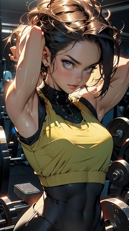 (highest quality:1.2, Very detailed, up to date, Vibrant, Ultra-high resolution, High Contrast, masterpiece:1.2, highest quality, Best aesthetics), Portraiture、girl、25 years old, Bright colors、Beautiful fine details、Beautiful lip detail、long hair、ponytail, white and yellow green ((streaked hair:1.6)), highlights hair: 1.5, (small breast,:1) (tan skin:1.1), 、Exercising at the gym wearing sports bra and sports leggings, sweaty skin, cowboy shot, ((exercise on training machine:1))、 painful