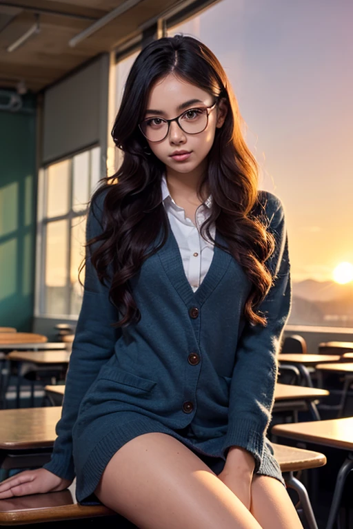 Sexy and beautiful little daughter with glasses just comes home from school dressed as a