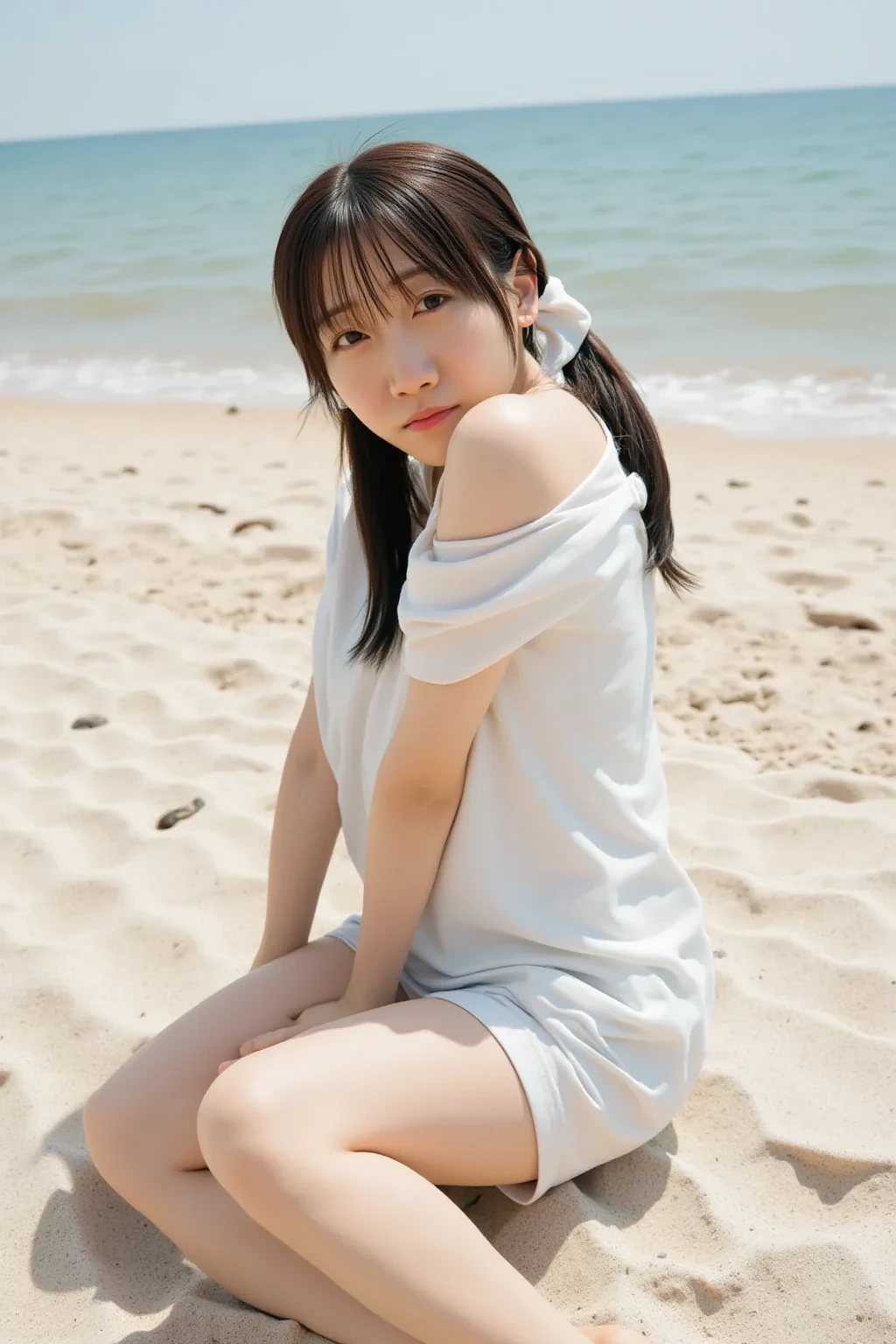 girl with,A dark-haired,Semi-long,校服,summer clothing,17 age,Summer sea,smiling,beach