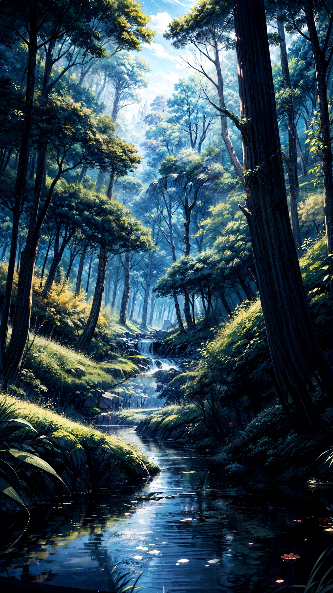 Viral anime nature wallpaper in 4K quality, in the style of digital illustration inspired by Hayao Miyazaki, featuring a serene forest with towering ancient trees, dappled sunlight filtering through the leaves, a gentle stream flowing through the scene, and mystical creatures peeking from behind the foliage; vibrant and warm color temperature, cosmos lighting with stars twinkling in the sky, no human characters, the atmosphere is tranquil and enchanting --v 5 --stylize 1000