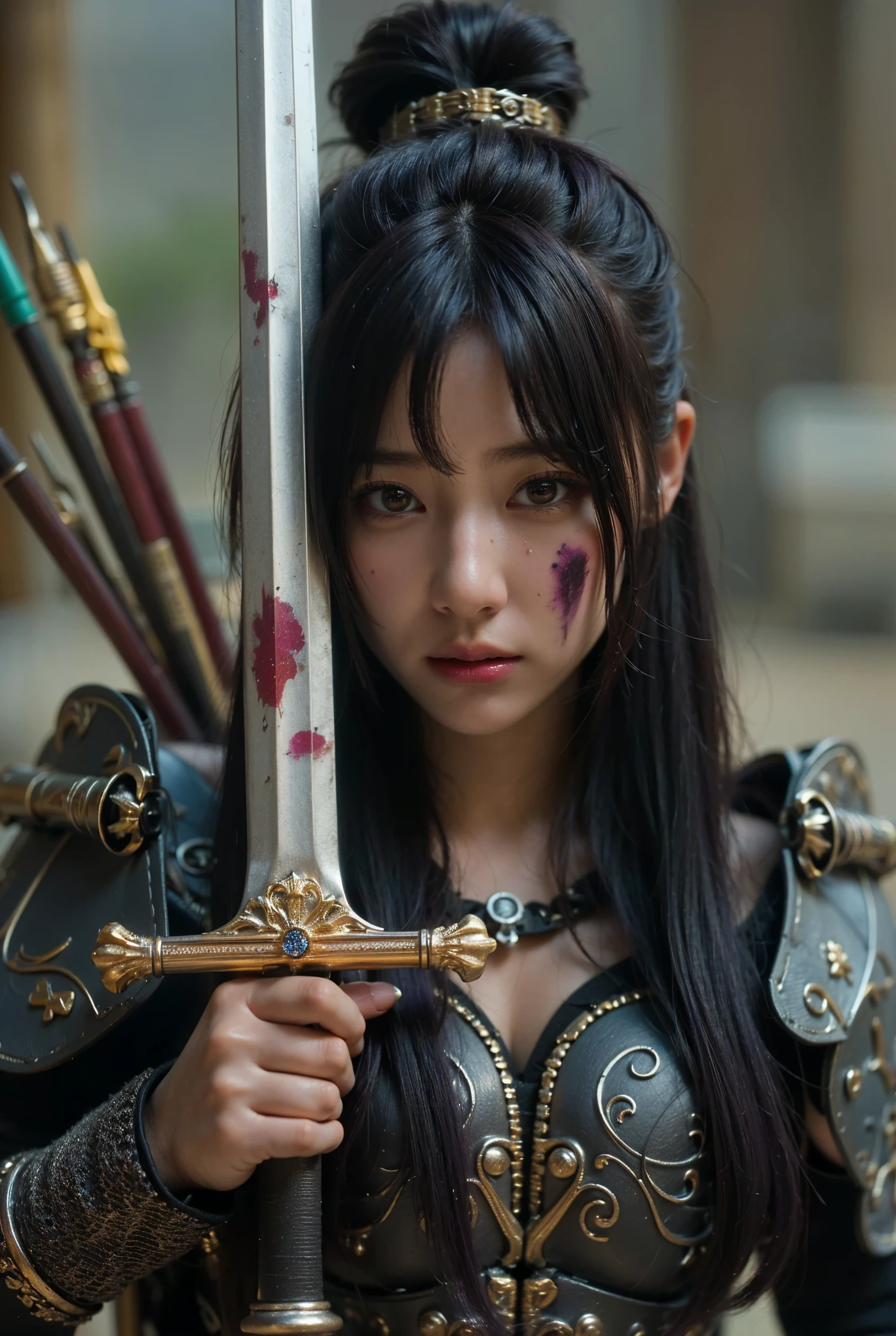 (Completely live action:1.37), (Amazingly realistic textures:1.37), (masterpiece, best quality:1.2), (8k uhd, 16k, 32k, ultra high res), amazingly realistic skin, amazingly realistic photo, superrealism, (photorealistic:1.37), (RAW photo), ultimately realistic, (ultimately realistic all details), (ultimately realistic all textures), super realistic lighting, super realistic shadow, (japanese girl:1.5), ((young face)), smiling, happy, super realistic face, ultimately realistic skin, ultimately realistic eyes, (mascara:1.35)ultimately realistic background, ultimately realistic detail up, kkw-ph1, ((drooping eyes, cyberpunk-style cyborg girl, amazingly intricate details, Anatomically perfect hands, mechanical body, silver knight armor, ultra glossy texture, purple hair))