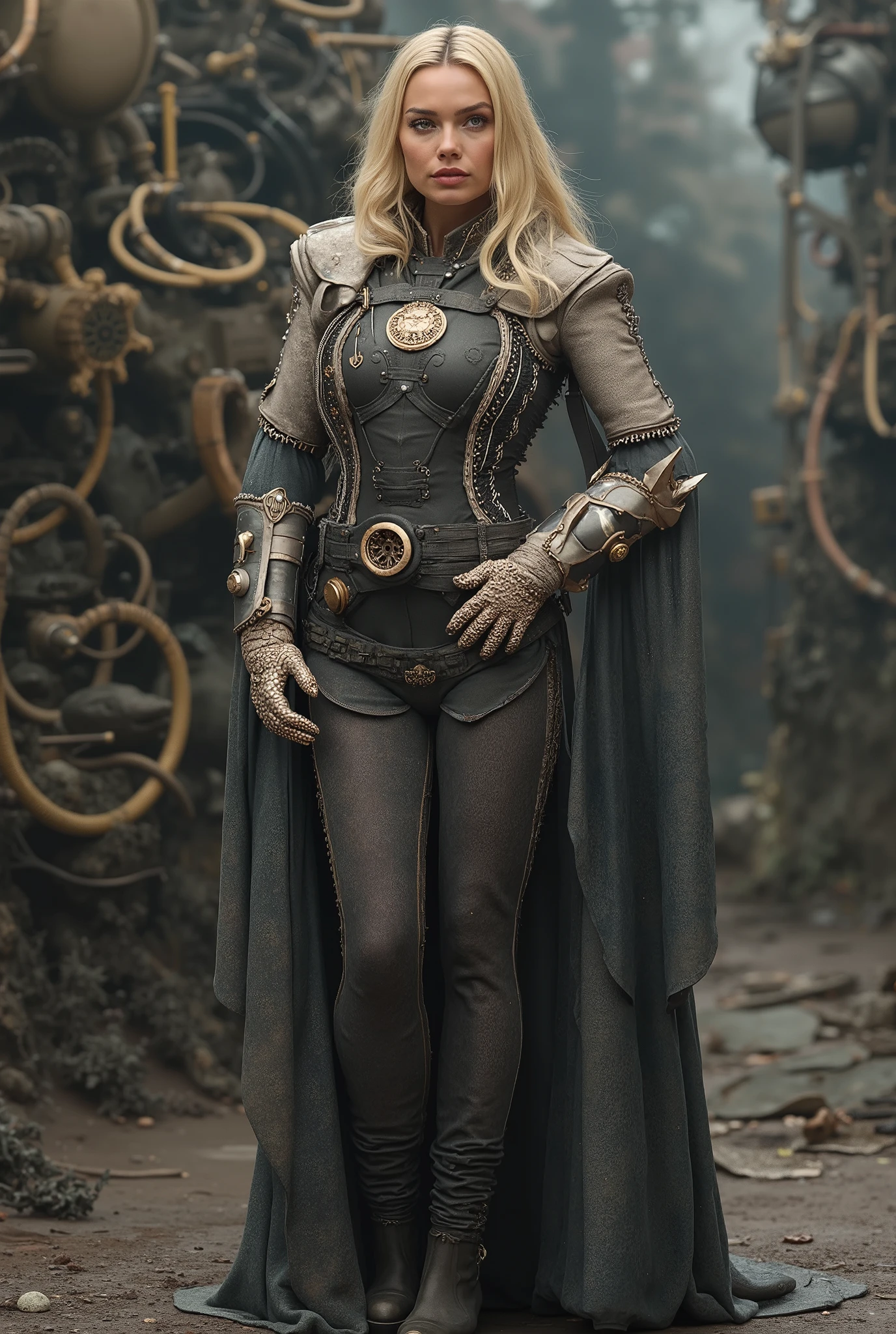 Photo full portrait of [Margot Robbie] photo real. Full body. steampunk dress , steampunk background. “full body portrait”