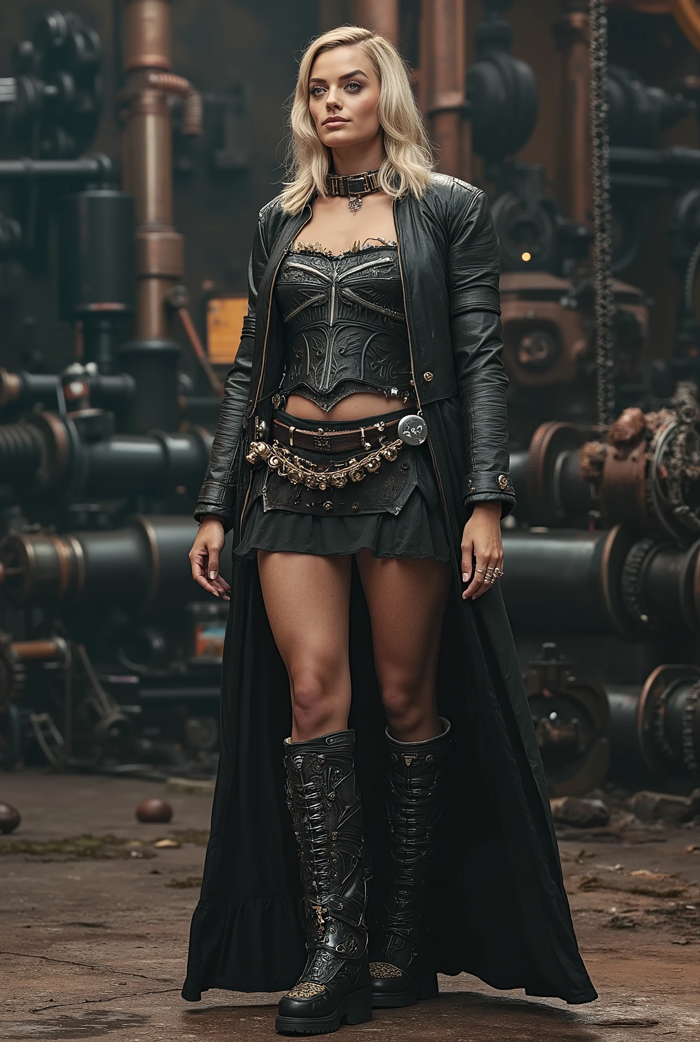 Photo full portrait of [Margot Robbie] photo real. Full body. steampunk dress , steampunk background. “full body portrait”