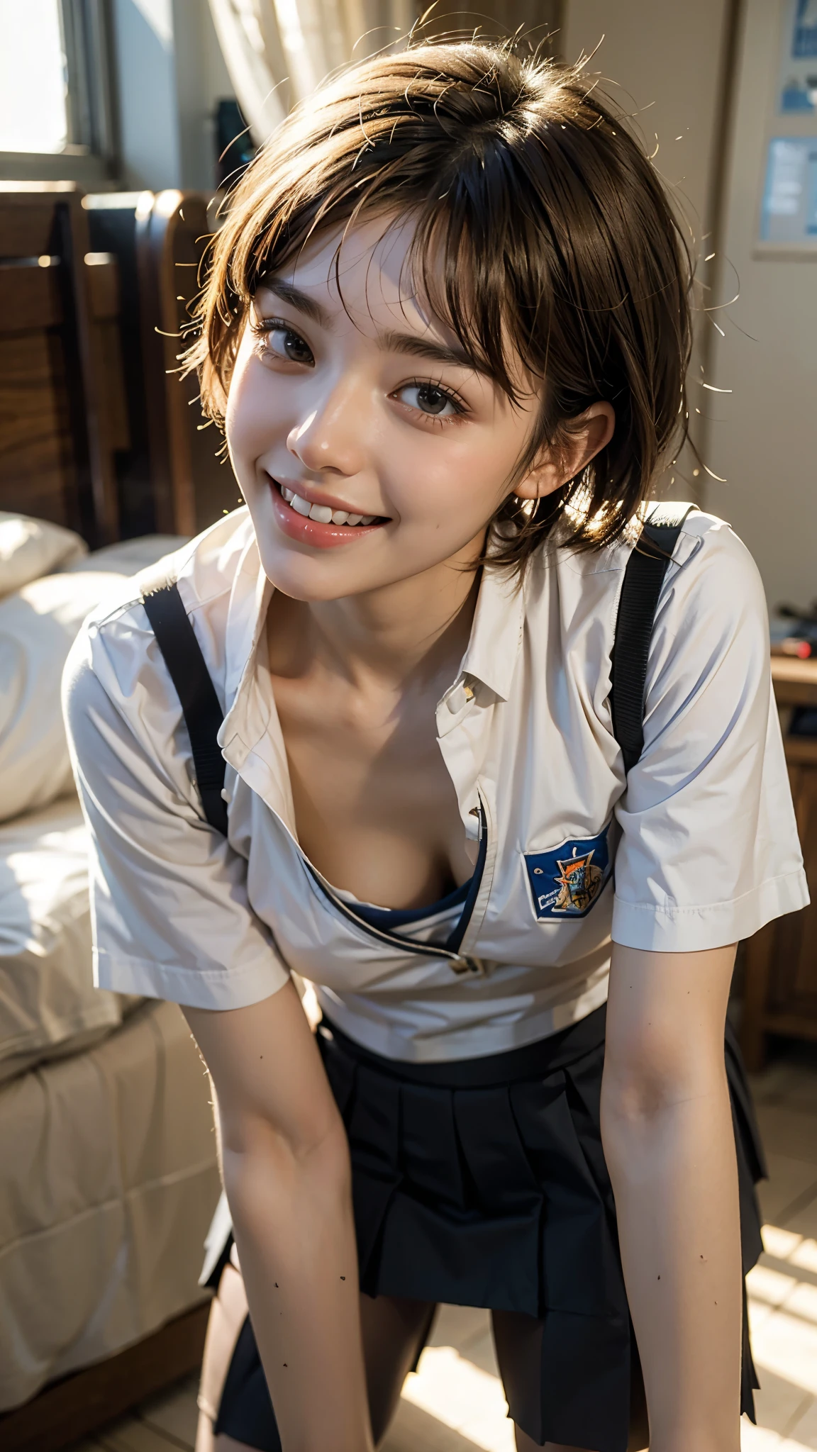 (top-quality、masutepiece、超A high resolution)、、(inside in room、Looking at the camera、Kamimei、Brown hair、a smile:1.5)、(Semen、a wet body:1.3)、25-years old、hi-school girl、short-hair、kawaii faces、((high-school uniform、blazers、shirt、skirt by the、Black Knee High Socks))