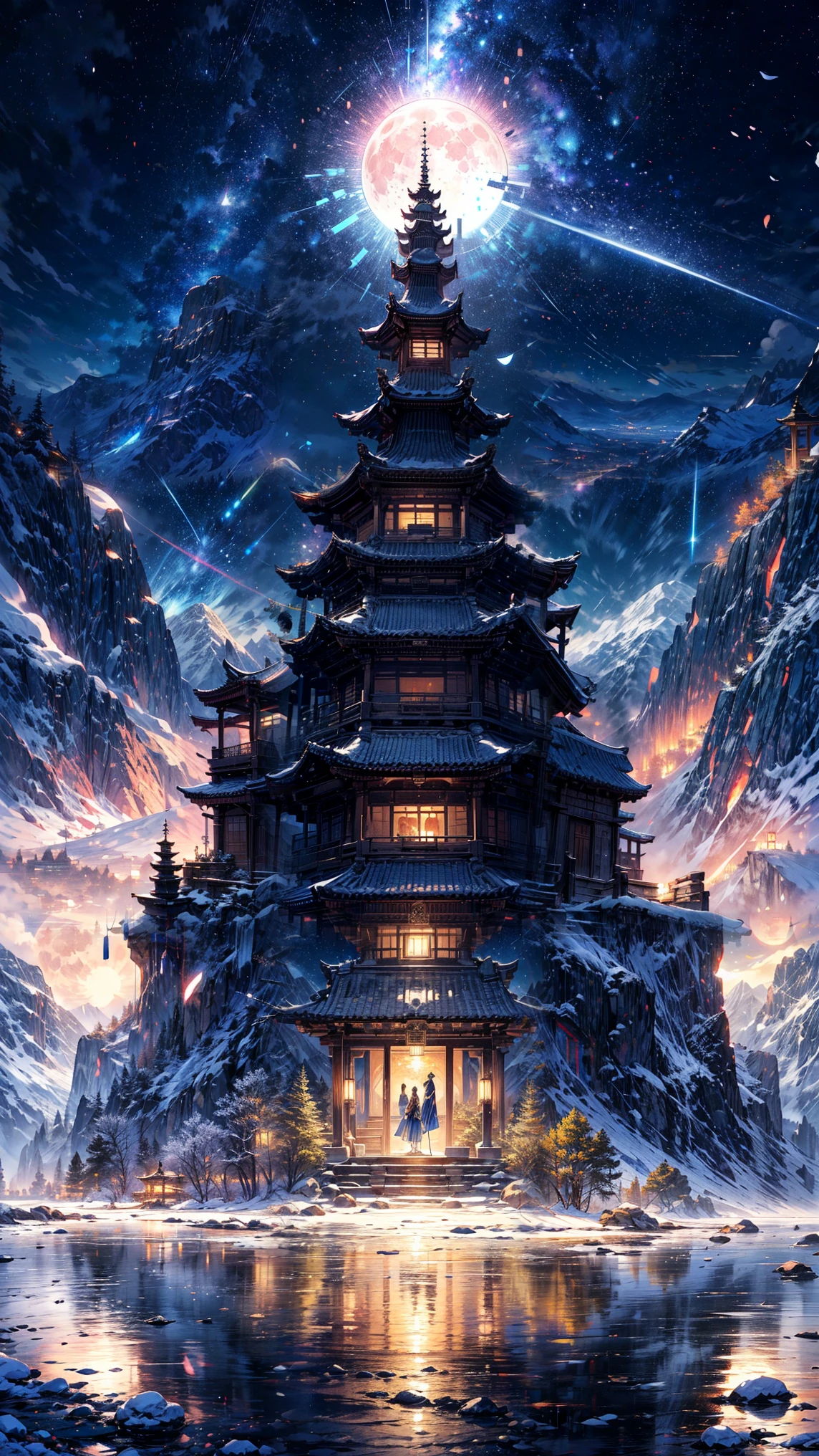 An anime-style landscape of towering, jagged mountain peaks that seem to touch the stars. The mountains are dusted with snow, glowing faintly in the silvery light of the full moon. A glacial lake nestled between the peaks reflects the shimmering sky, where countless stars and swirling galaxies are visible. A narrow stone path winds up one of the cliffs, lined with glowing lanterns, leading to a small ancient temple perched at the summit. The sky is alive with streaks of shooting stars, and the air feels mystical and serene, as if the mountains hold ancient secrets.