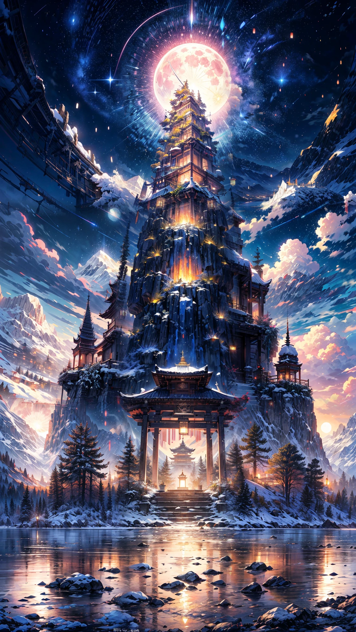 An anime-style landscape of towering, jagged mountain peaks that seem to touch the stars. The mountains are dusted with snow, glowing faintly in the silvery light of the full moon. A glacial lake nestled between the peaks reflects the shimmering sky, where countless stars and swirling galaxies are visible. A narrow stone path winds up one of the cliffs, lined with glowing lanterns, leading to a small ancient temple perched at the summit. The sky is alive with streaks of shooting stars, and the air feels mystical and serene, as if the mountains hold ancient secrets.