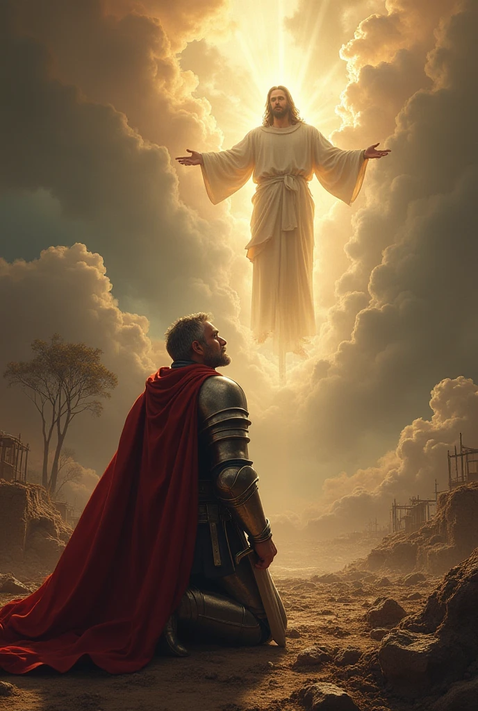 make a Templar warrior kneeling to JESUS on a battlefield
