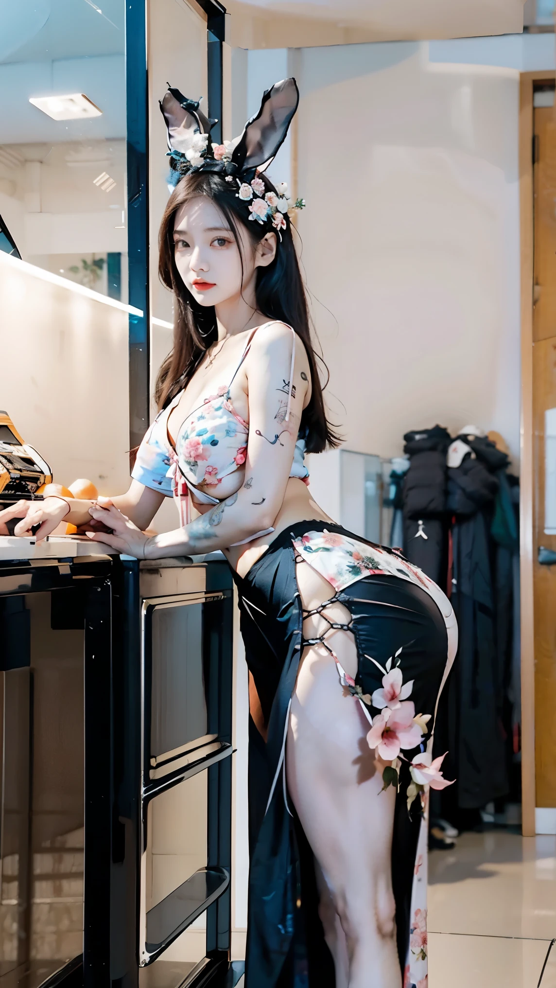 realistic, 1gril, per HD, 12k, wearing Allstars shoes, slim body, rather big body, six pack body, big round breasts, no clothes, beautiful breasts, looking at the camera, sitting on the sofa, long black hair, facial details, detailed person, body details, clothing details, hair details, body details, body details, breast details, vagina details, clothes, eye details, sweat details, water details, pose (knees bent and legs wide apart) whole body