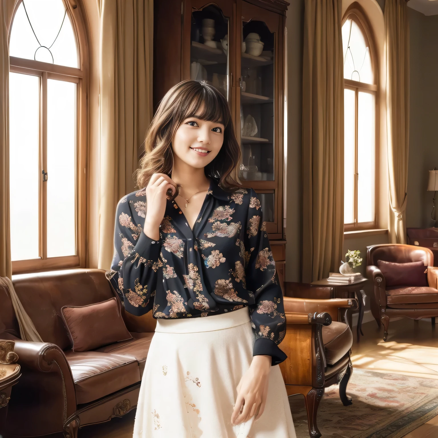 ( features a gentle and gentle expression :1.2), ( full body shot:1.3), ( Panorama :1.0), movie lights, (( top quality)), ( RAW photos , top quality), ( is present:1.4), realism, Masterpiece, so delicate and beautiful, very detailed, 4k wallpaper, wonderful, finely, very detailed CG unity 8k wallpaper, very detailed, high resolution, Soft Light, Japanese, (one shot:1.9), (22 years old:1.9), (Round face:1.0), (Fat:0.8), (sex appeal, A Bewitching Woman:1.3), BEAUTIFULLY DETAILED WOMAN , with famous Japanese actresses , detailed face, kind eyes , finelyて美しい目, very detailedな目と顔, beautiful eyes and a beautifully detailed nose , ultra-high definition shiny lips , toned body , (light wave , medium:1.5), Shiny Hair, glossy hair, Hair, (bangs:1.7), (smile:1.2), glossy and moisturized lips , Natural Makeup, ( looking at camera:1.5), (LET IT GO, white, office casual, Gorgeous long sleeve ruffled blouse:1.4), (LET IT GO, Small floral pattern, Kinari, flare skirt :1.3), ( long skirt :1.7), ( big window, large luxury living room background with antique furniture standing gracefully by the window:1.5),