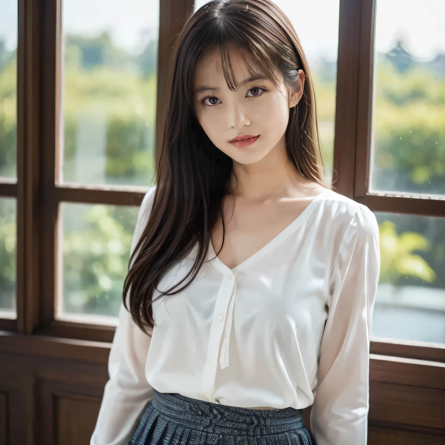 ( features a gentle and gentle expression :1.2), ( full body shot:1.3), ( Panorama :1.0), movie lights, (( top quality)), ( RAW photos , top quality), ( is present:1.4), realism, Masterpiece, so delicate and beautiful, very detailed, 4k wallpaper, wonderful, finely, very detailed CG unity 8k wallpaper, very detailed, high resolution, Soft Light, Japanese, (one shot:1.9), (22 years old:1.9), (Round face:1.0), (Fat:0.8), (sex appeal, A Bewitching Woman:1.3), BEAUTIFULLY DETAILED WOMAN , with famous Japanese actresses , detailed face, kind eyes , finelyて美しい目, very detailedな目と顔, beautiful eyes and a beautifully detailed nose , ultra-high definition shiny lips , toned body , ( medium:1.5), Shiny Hair, glossy hair, Hair, (bangs:1.7), (smile:1.6), glossy and moisturized lips , Natural Makeup, ( looking at camera:1.5), (LET IT GO, white, office casual, Gorgeous long sleeve ruffled blouse:1.4), (LET IT GO, Small floral pattern, Kinari, flare skirt :1.3), ( long skirt :1.7), ( big window, large luxury living room background with antique furniture standing gracefully by the window:1.5),