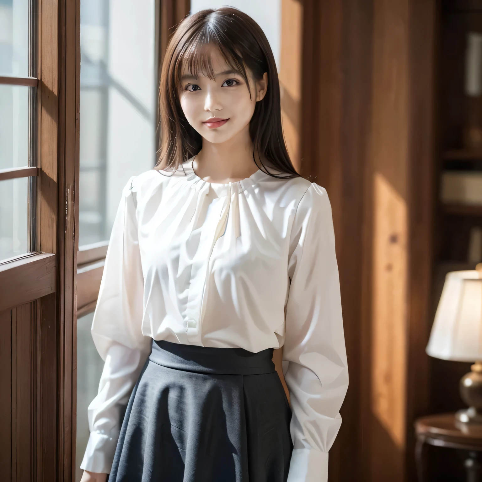 ( features a gentle and gentle expression :1.6), ( full body shot:1.3), ( Panorama :1.0), movie lights, (( top quality)), ( RAW photos , top quality), ( is present:1.4), realism, Masterpiece, Very Delicate and Beautiful, very detailed, 4k wallpaper, wonderful, finely, very detailed CG unity 8k wallpaper, very detailed, high resolution, Soft Light, Japanese, (one shot:1.9), (22 years old:1.9), (Round face:1.0), (Fat:0.8), ( very neat woman, A very pure woman:1.7), BEAUTIFULLY DETAILED WOMAN , with famous Japanese actresses , detailed face, kind eyes , finelyて美しい目, very detailedな目と顔, beautiful eyes and a beautifully detailed nose , ultra-high definition shiny lips , toned body , ( medium:1.5), Shiny Hair, glossy hair, Hair, (bangs:1.7), (smile:1.6), glossy and moisturized lips , Natural Makeup, ( looking at camera:1.5), (LET IT GO, white, office casual, Gorgeous long sleeve ruffled blouse:1.4), (LET IT GO, Small floral pattern, Kinari, flare skirt :1.3), ( long skirt :1.7), ( big window, large luxury living room background with antique furniture standing gracefully by the window:1.5),
