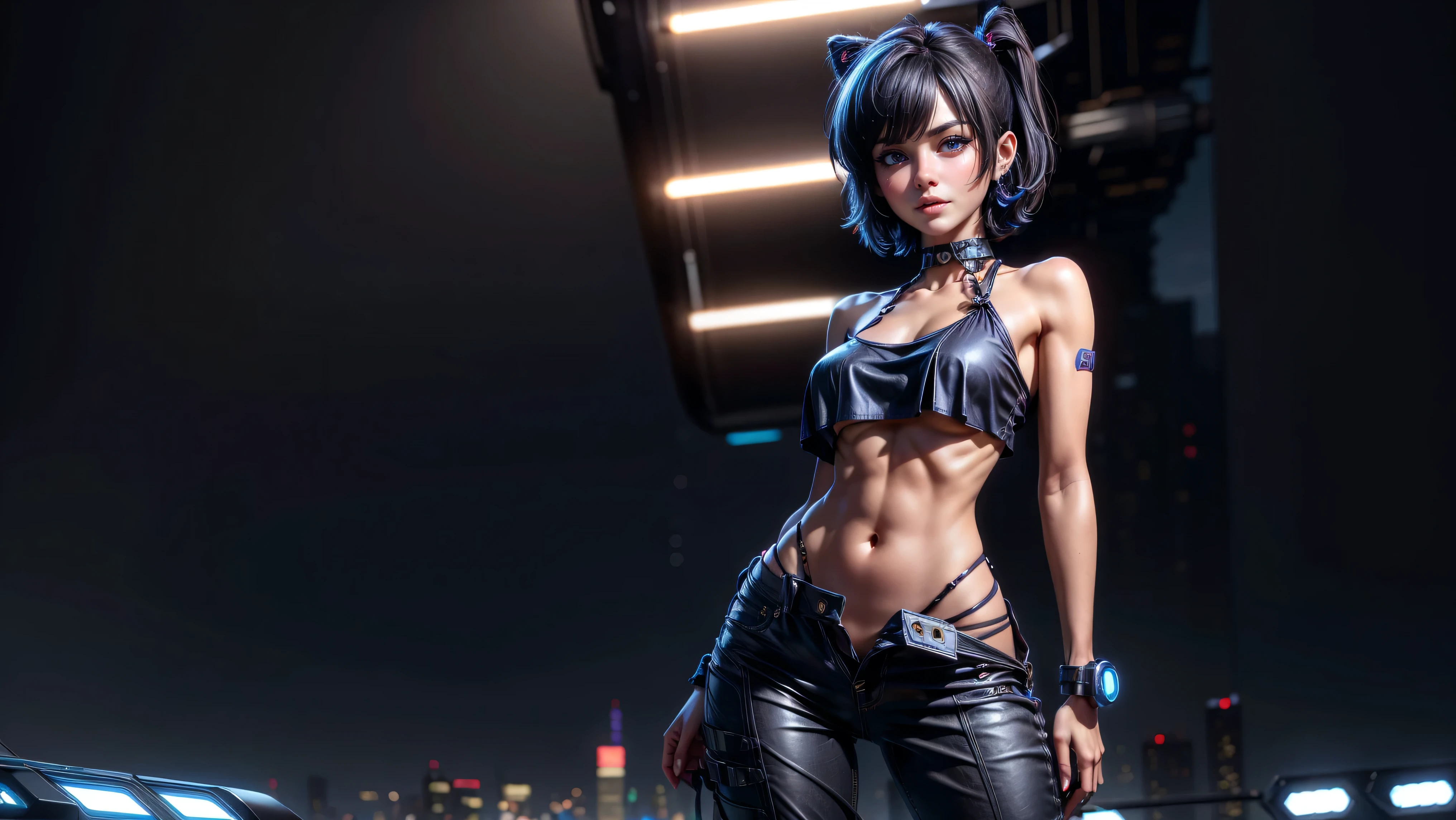 1girl, solo, cute girl, skinny, petite, short hair, loose top, midriff, ((top loosely draped over her breasts)), underboob, looking at viewer, sexy, pants low on hips, ((unbuttoned pants)), cowboy shot, (full body portrait), ((black hair)), beautiful lips, sexy mouth, ribbon, hair ribbon, bangs, upper body, blue eyed, bangs, ribbon, piercings, cyberpunk background, sci-fi city background,