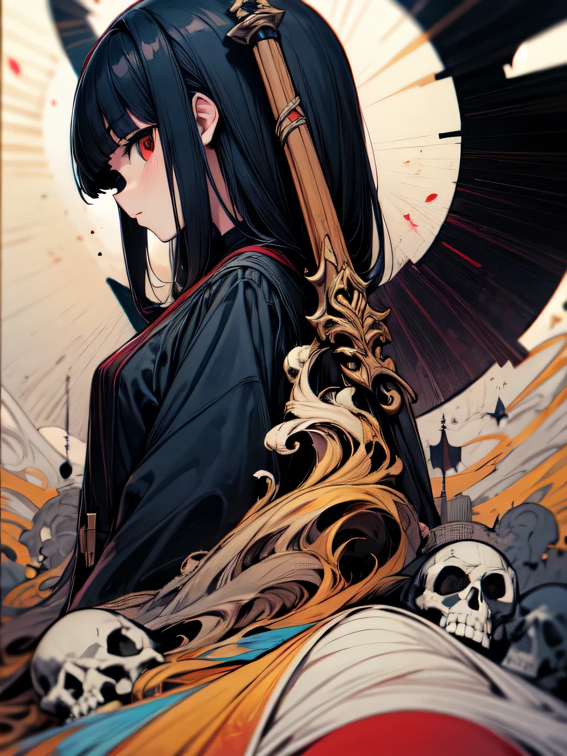 A beautiful girl with very long black hair and large breasts in a luxurious black kimono with red spider lilies and white skeletons.