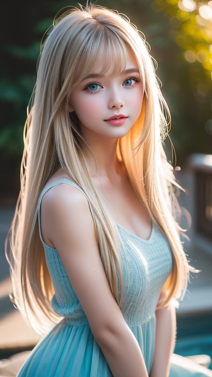 Dressed、(Photorealistic:1.4)、(ハイパーRealistic:1.4)、(Realistic:1.3)、(Smooth lighting:1.05)、(Improved cinematic lighting quality:0.9)、32k、1 Girl、Very cute expression、A beautiful 16 year old blonde girl、bangs that fall on the face、Bangs left over the eyeessy bangs between the eyes、Realistic top lighting、Backlight、Face Light、Super long silky platinum hair、Blonde rays、(Bright light:1.2)、(quality improvement:1.4)、(Highest quality realistic textured skin:1.4)、Very beautiful, detailed, shiny, very bright, mint blue, large eyes、Very big eyes、Detailed face、A careful eye for quality、(Tired, sleepy and satisfied: 0.0)、Face close up、T-Shirts、(Enhances the body line:1.1)、(Enhances the beauty of skin texture:1.1)、Cheek gloss highlighter、Small Face Beauty、Round face