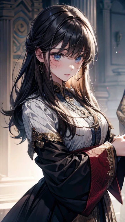 absurdres, RAW photo, extremely delicate and beautiful, masterpiece, Best Quality, ultra high resolution, 32k, hyperrealistic, ultra-detailed, delicate facial features, beautiful detailed woman, tearful mole, earring, medium breasts, full body shot, medium hair, black hair, solo, alone, (Tribe poncho),