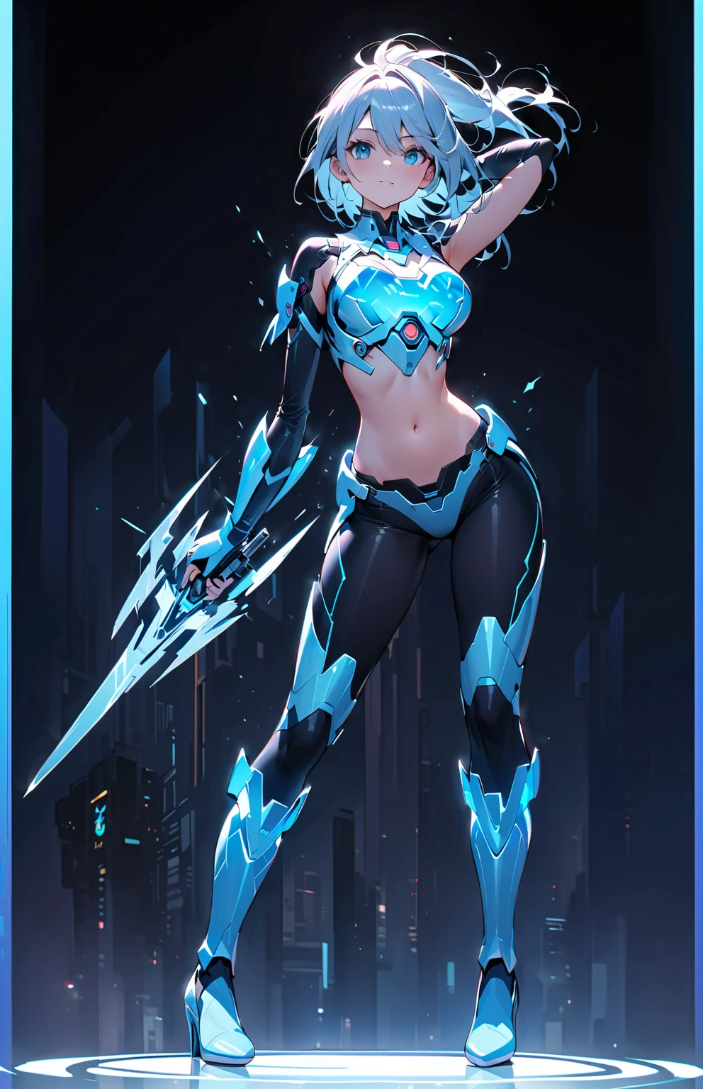 Heroine, futuristic blue outfit, tigress details [[From her hands comes a very bright blue magic]] 3D image, Full HD, 4K, ultra realistic, warrior, beautiful blonde, fitness body. --auto