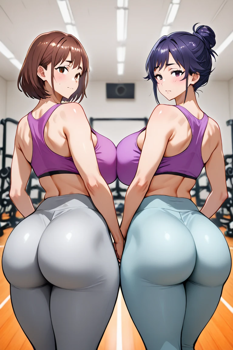 gym room，Three mature women in their 50s，busty figure，Huge amazing ass，gigantic sagging breasts，Translucent Fitness Wear，White gym clothes，I wasn't wearing underwear，The lower body is bare，Engaging pose，Panties slip off， Your ass