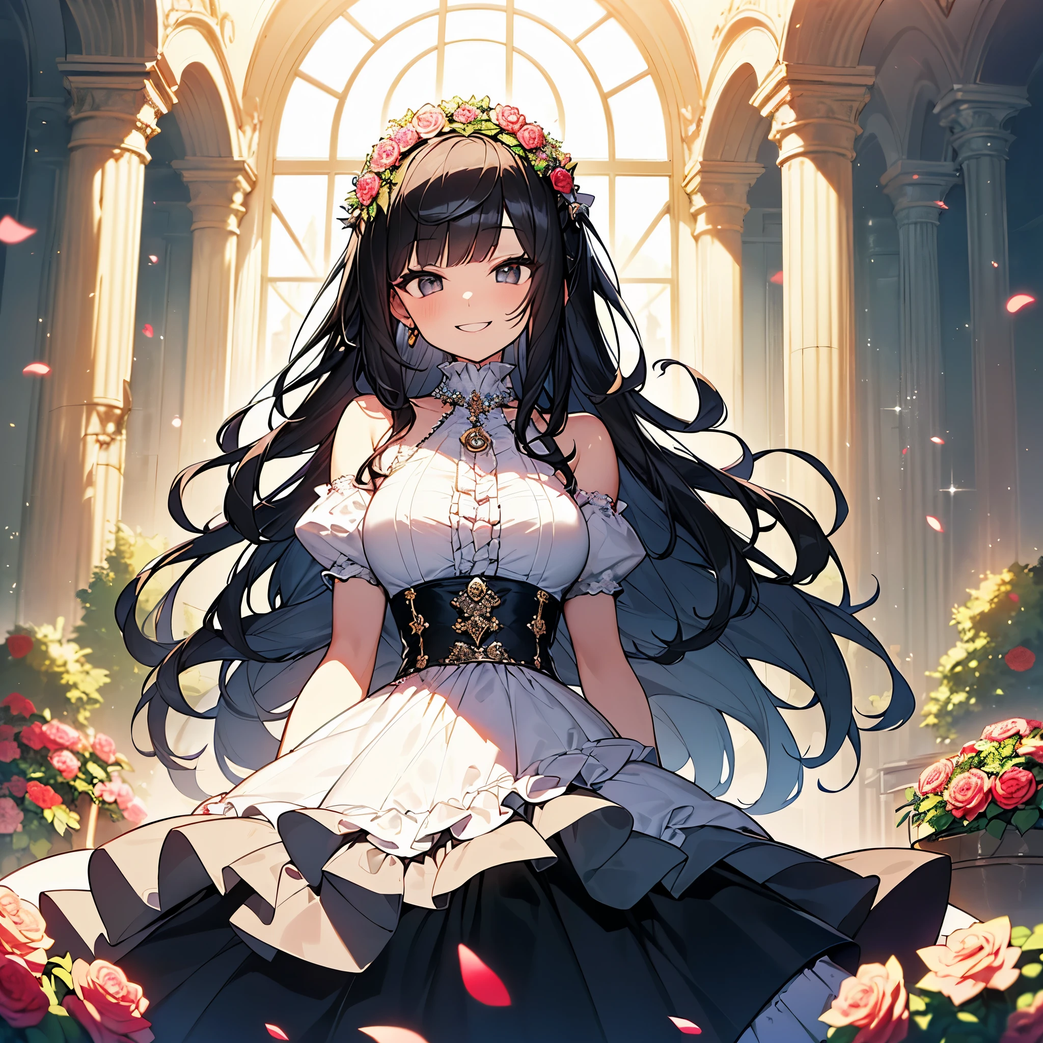 Anime girl in a white dress with long black hair and a flower crown ...