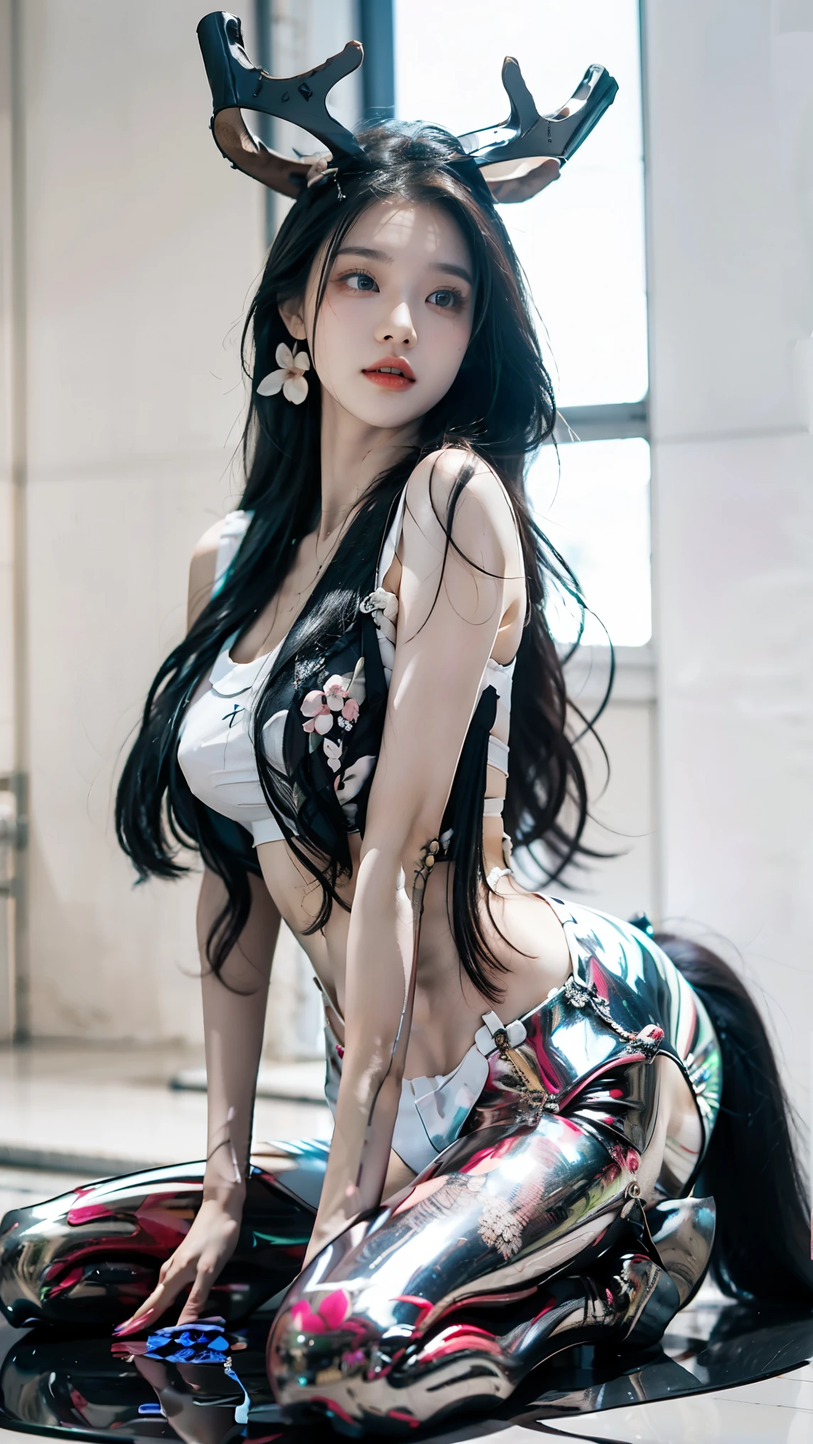 1girl, alone, solitary, high quality, (best quality,4k,8k,highres,masterpiece:1.2),ultra-detailed,(realistic,photorealistic,photo-realistic:1.37),gorgeous hair,light blue hair,long straight hair with bangs,puffy eyes,mole on the cheek,plump lips,jewelry,(high detailed skin:1.4),(light room:1.3),(rim lighting:1.3),(lit:1.3),(sunny day:1.3),indoors,portrait,smirk, waist-length hair, red or black clothes
