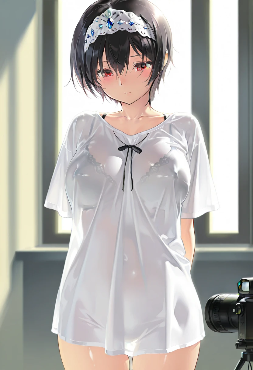 masterpiece, top quality, amazing quality , is very aesthetic, very high resolution, recent, sight, volumetric lighting , depth of field, shiny skin behind the camera,
1 woman, alone, shirt, Short Hair ,
chest,
arms back , white shirt, red eyes , cowboy shot, large chest, headdress with jewels , naked shirt, Short sleeves, head between eyes , collarbone, headband , Covered nipples, Closed mouth,
bra curtain ,
masterpiece, top quality, amazing quality , is very aesthetic, very high resolution, recent, sight